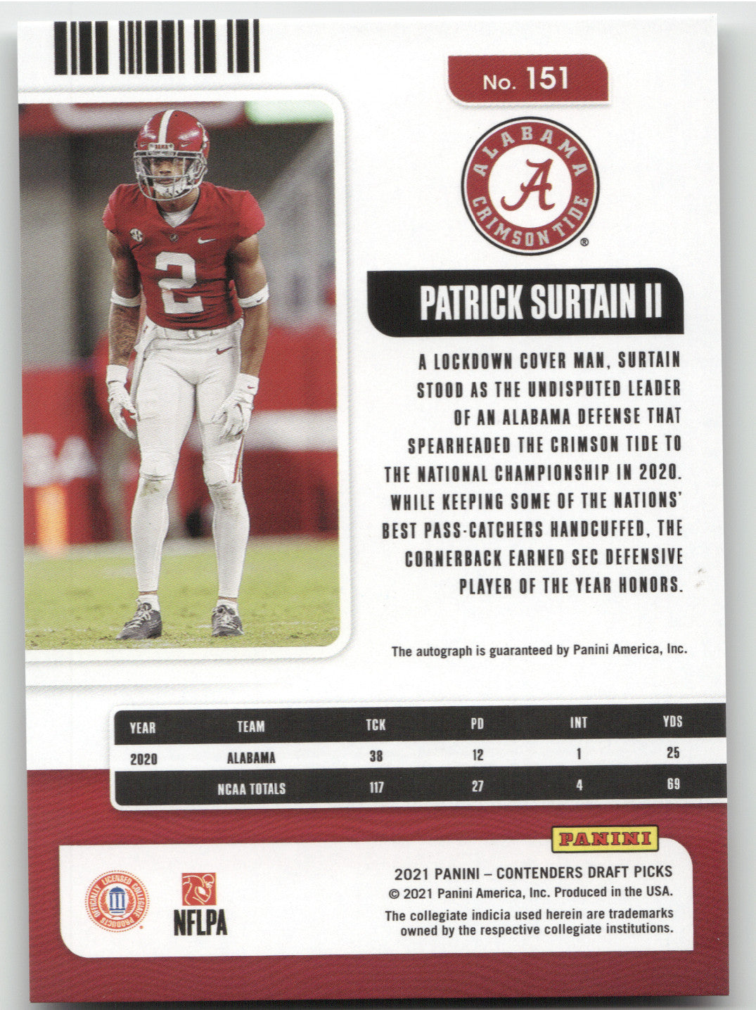 2021 Panini Contenders Campus Ticket Patrick Surtain II #151 Autograph RC 88/99