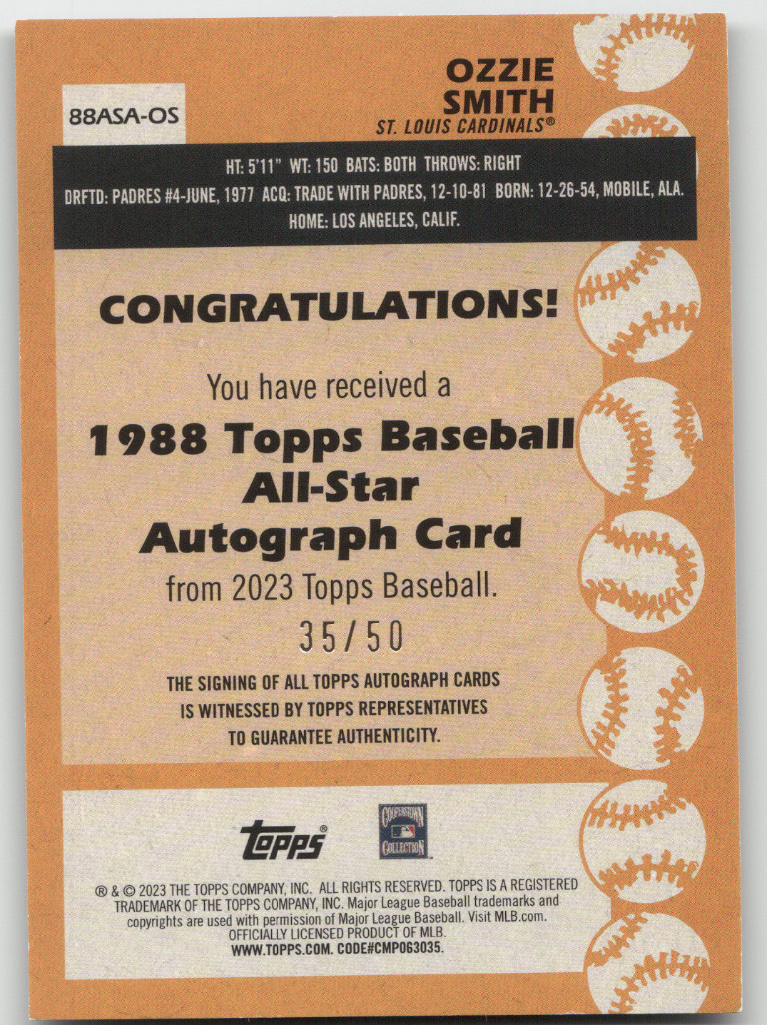 2023 Topps 1988 Topps Baseball All-Star Autograph Ozzie Smith #88ASA-OS 35/50