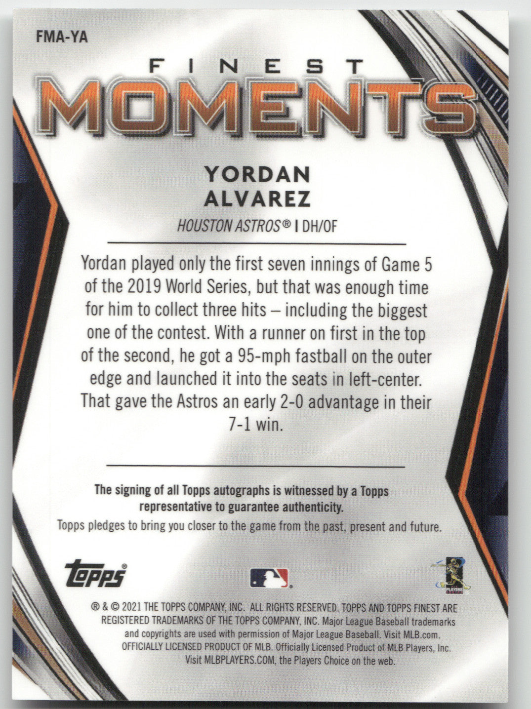 2021 Topps Finest Finest Moments Autographs Yordan Alvarez #FMA-YA
