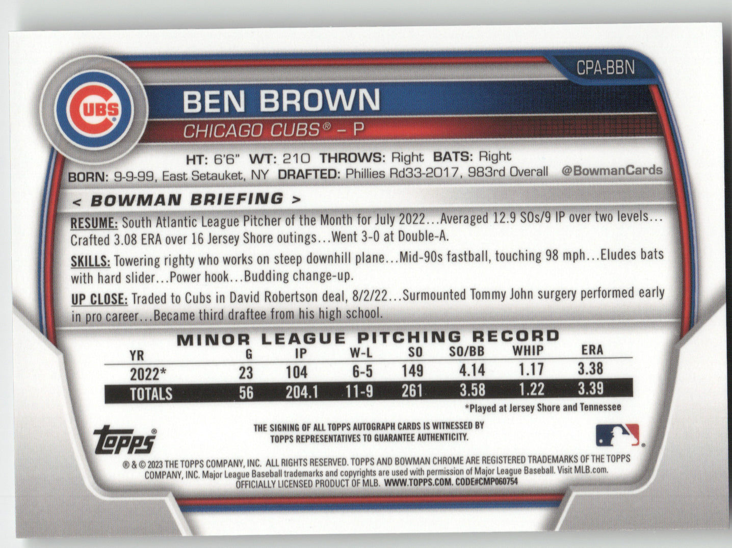 2023 Bowman Chrome Prospect Autographs Ben Brown #CPABBN Speckle /299 1st Bowman