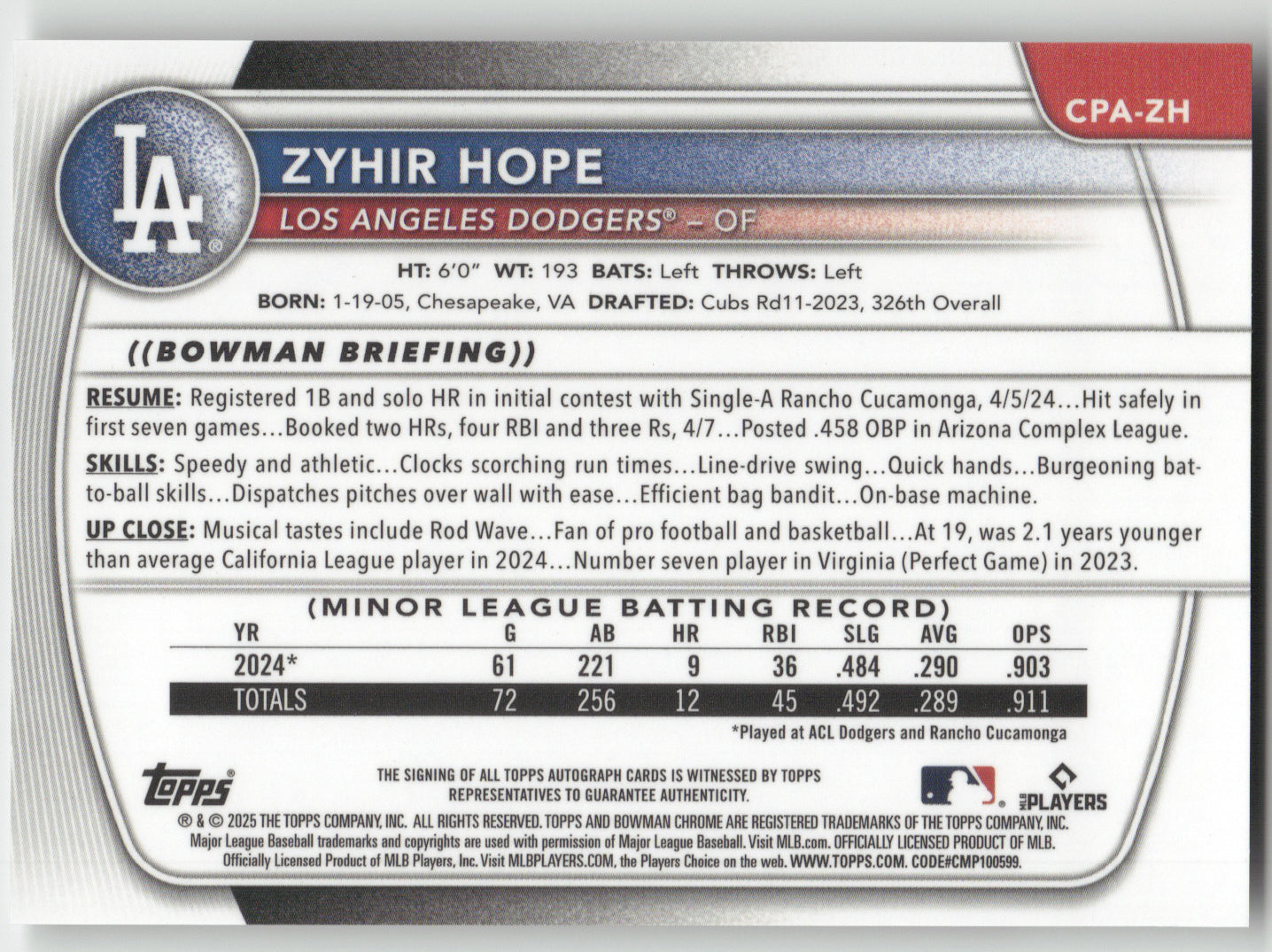 2025 Bowman Chrome Prospect Autographs Zyhir Hope #CPA-ZH