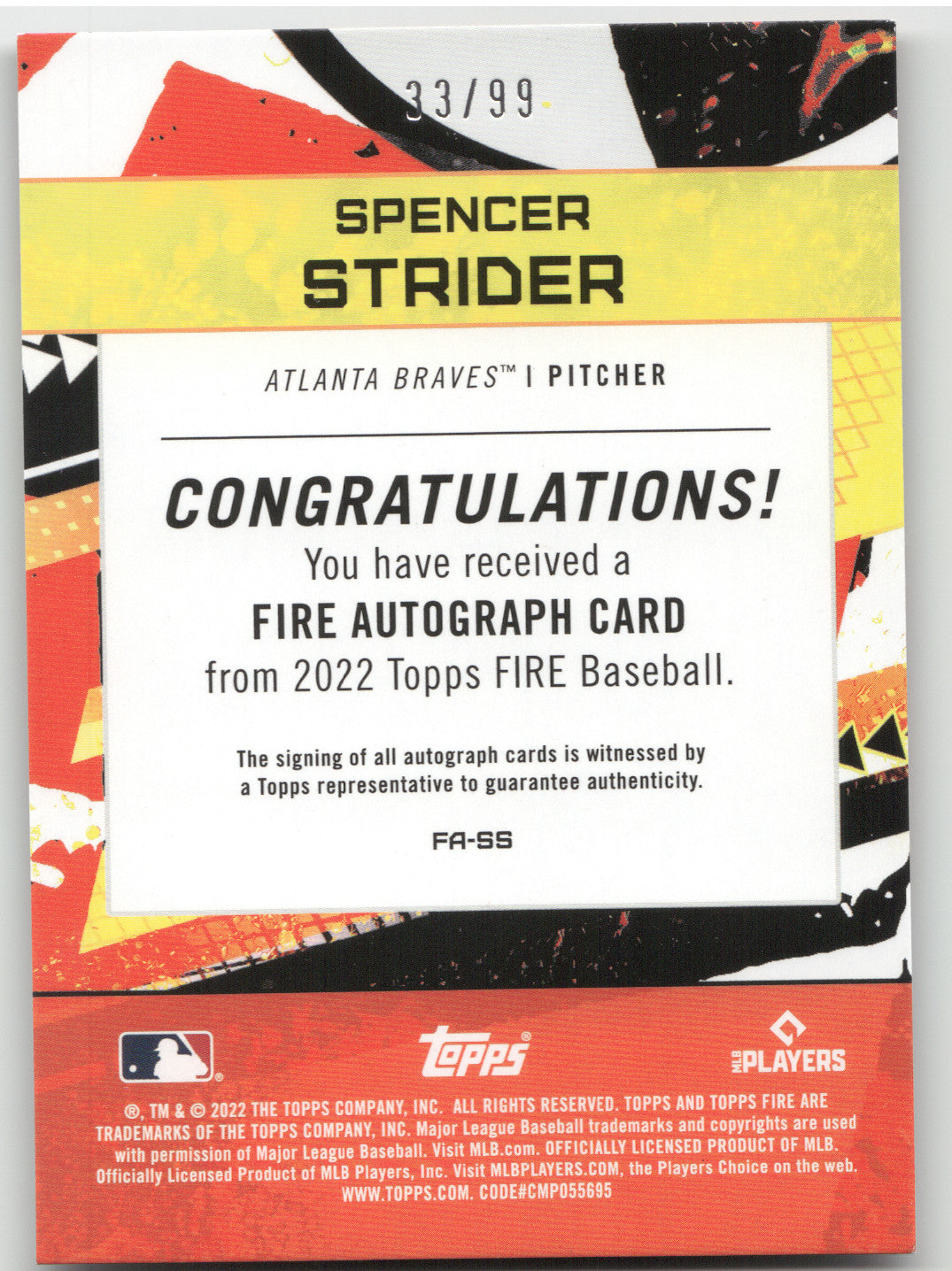 2022 Topps Fire Autograph Spencer Strider #FA-SS 33/99 RC