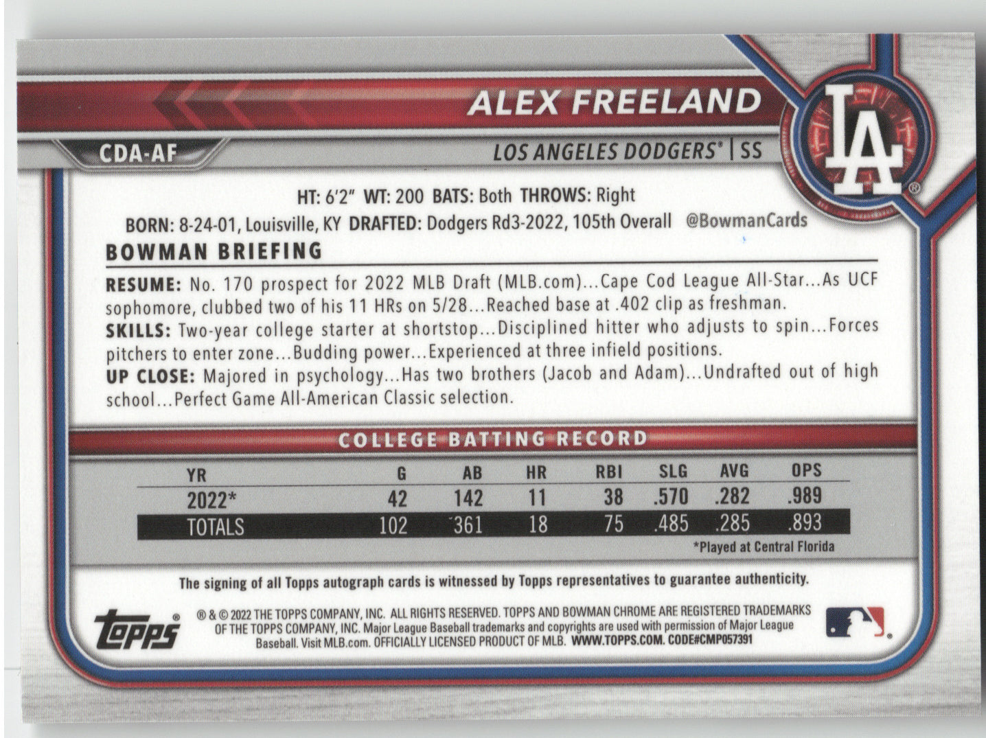 2022 Bowman Chrome Draft Pick Autographs Alex Freeland #CDA-AF 1st Bowman