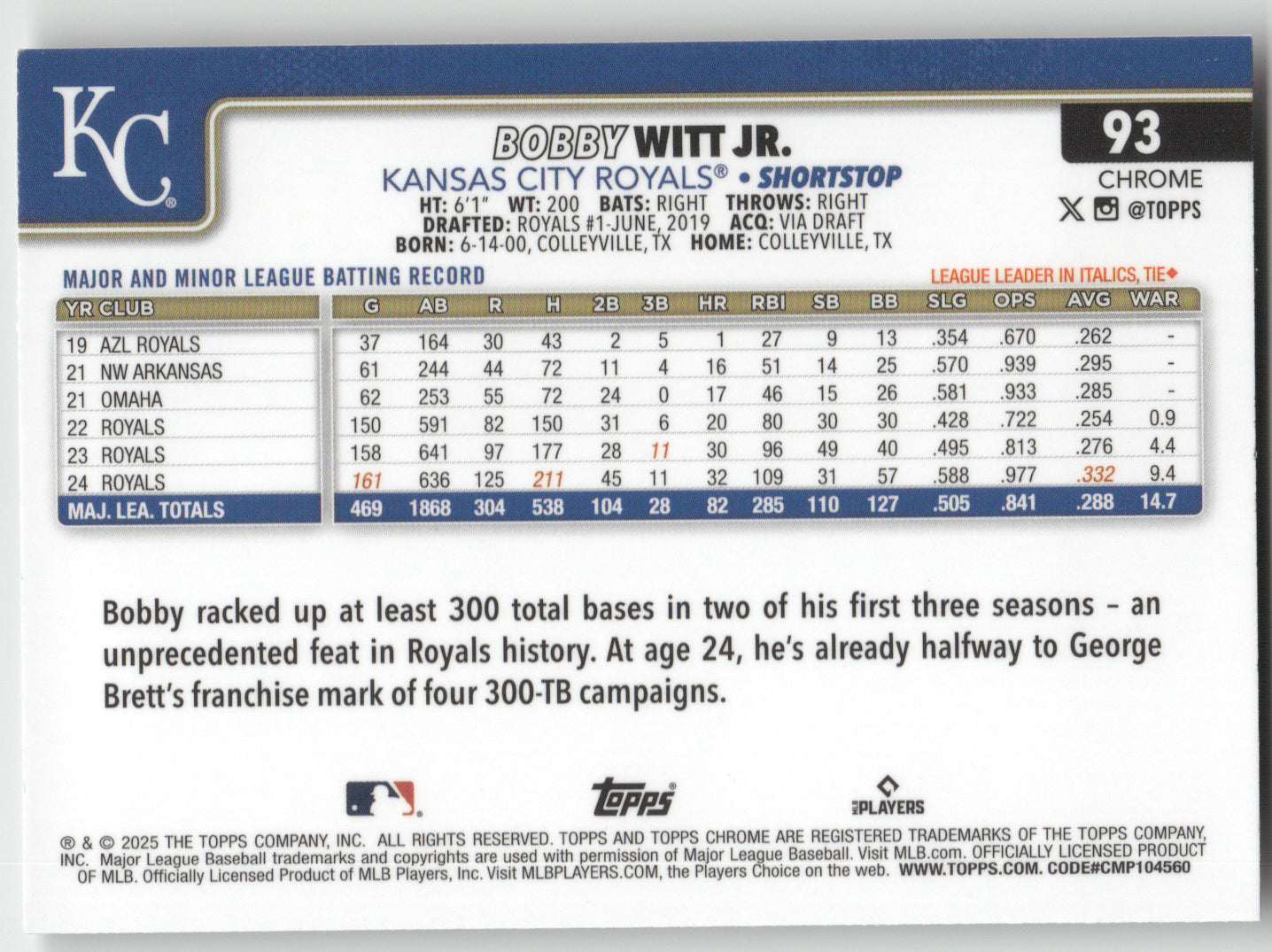 2025 Topps Chrome Bobby Witt Jr. #93