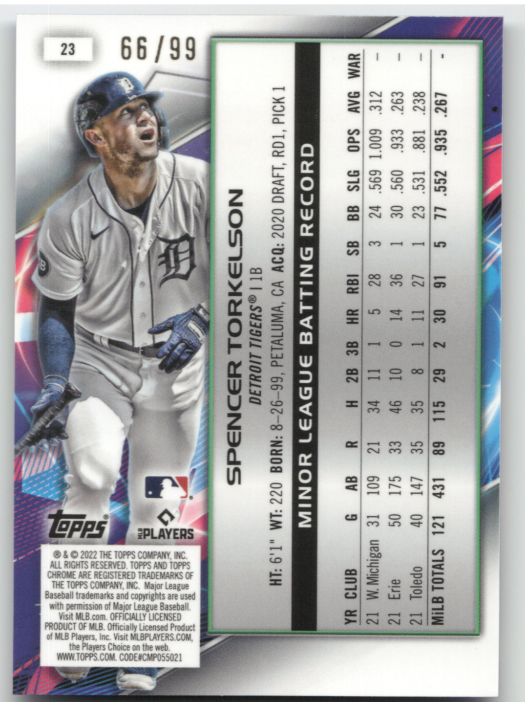 2022 Topps Cosmic Chrome Spencer Torkelson #23 Blue Moon RC 66/99