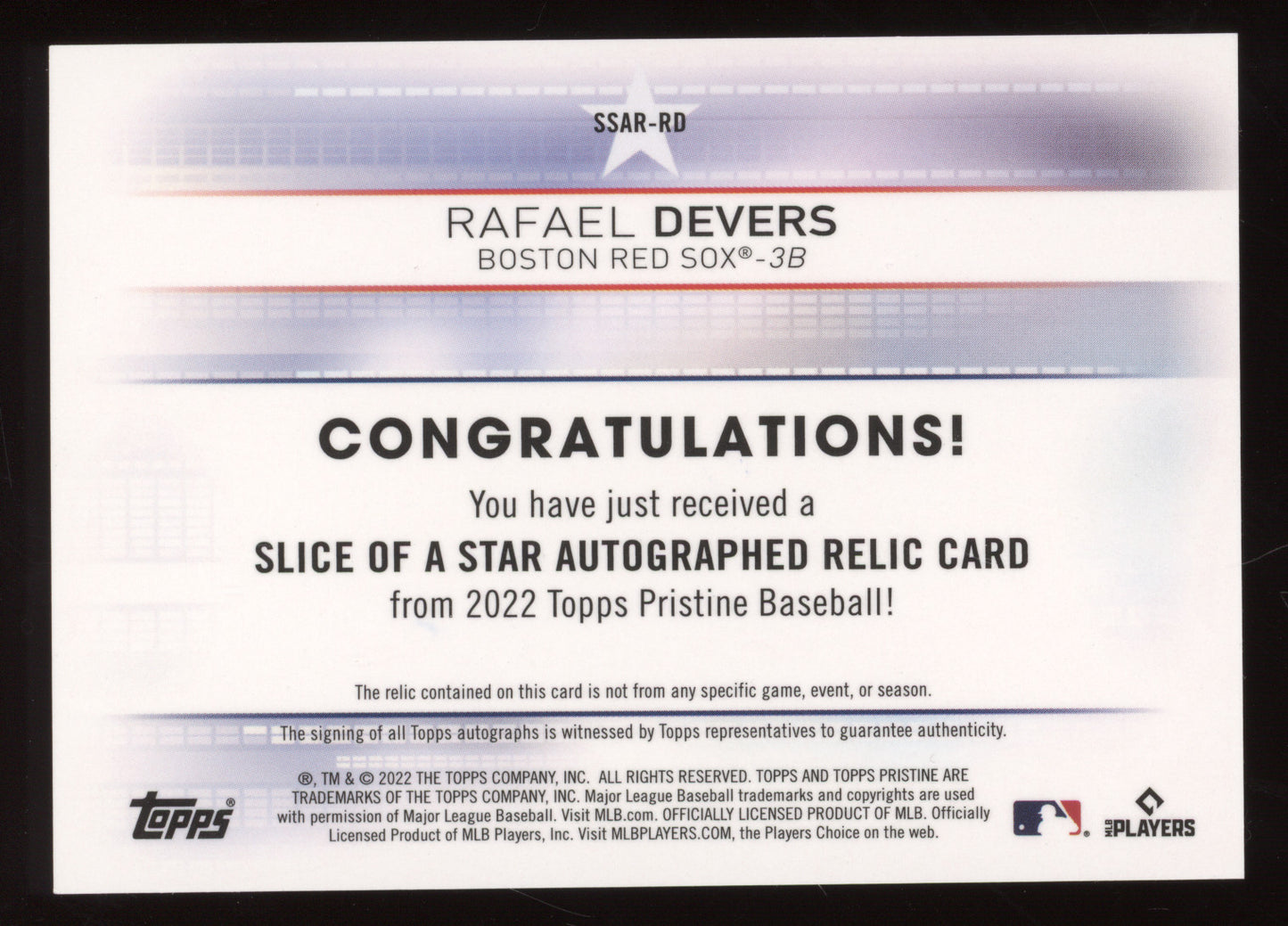 2022 Topps Pristine Slice of a Star Rafael Devers #SSARRD Autographed Relic Card