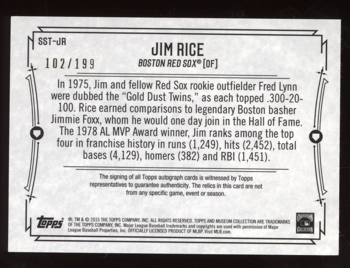 2015 Topps Museum Collection Triple Relic Autograph Jim Rice #SST-JR 102/199