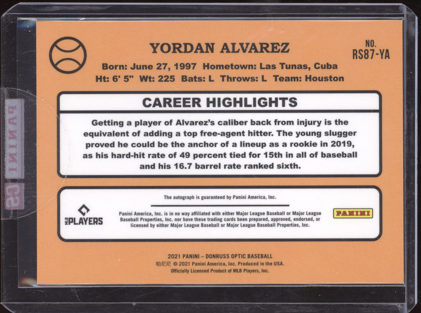 2021 Donruss Optic Yordan Alvarez #RS87-YA Retro 1987 Signature