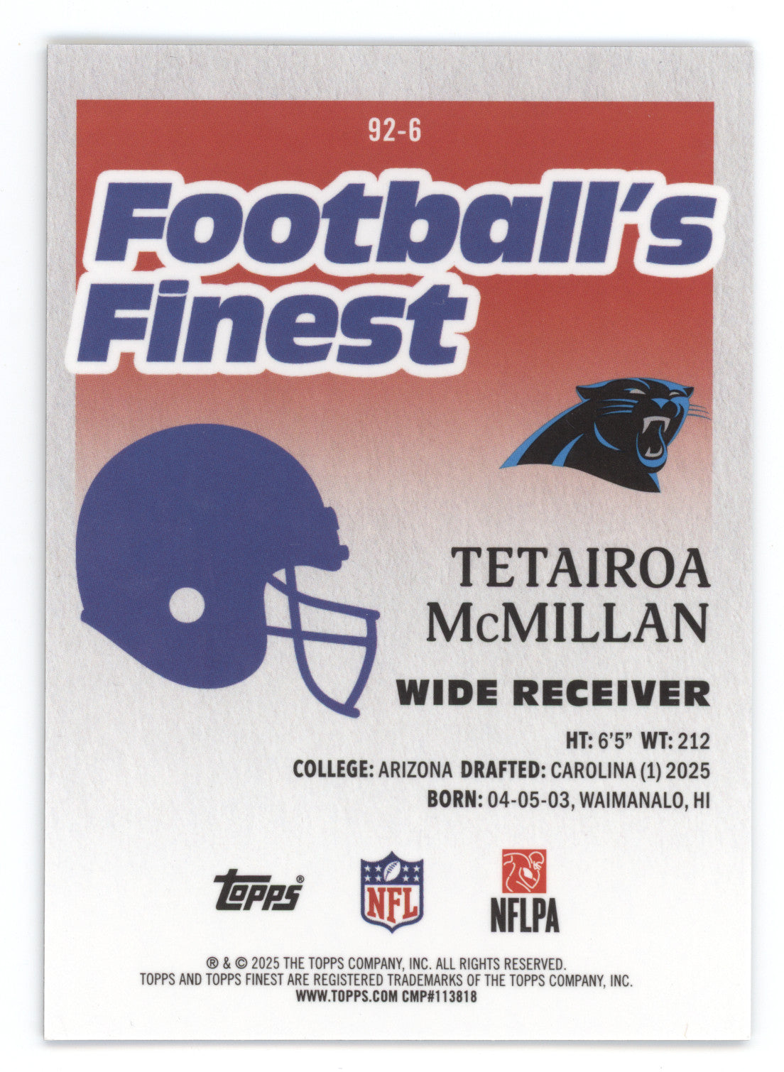 2025 Topps Finest Football Tetairoa McMillan #92-6 '92 Finest RC 05/92