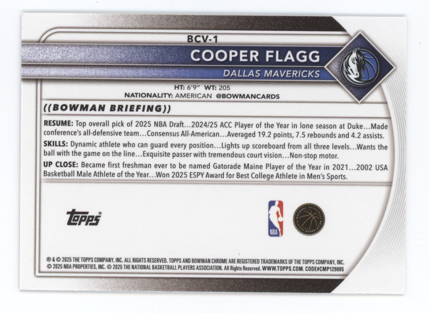 2025 Bowman Chrome Cooper Flagg #BCV-1 RC