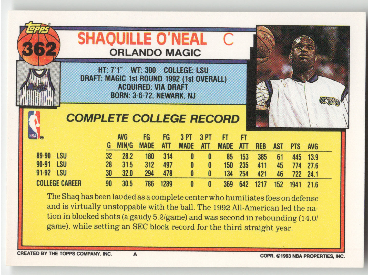 1992 Topps Shaquille O'Neal #362 RC