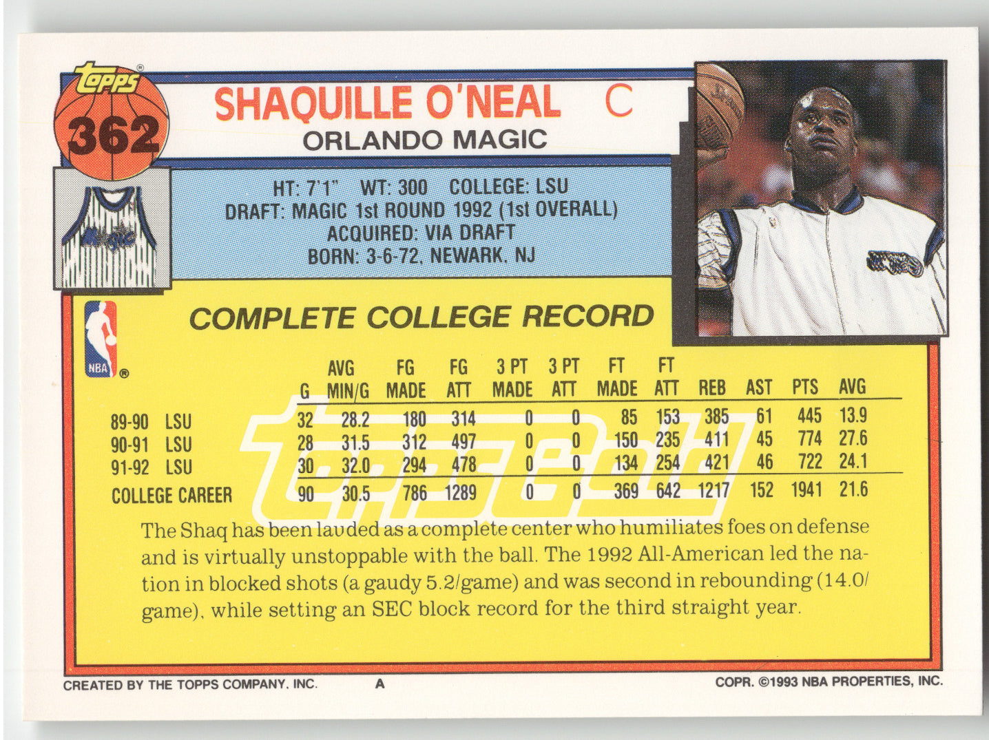 1992 Topps Gold Shaquille O'Neal #362 RC