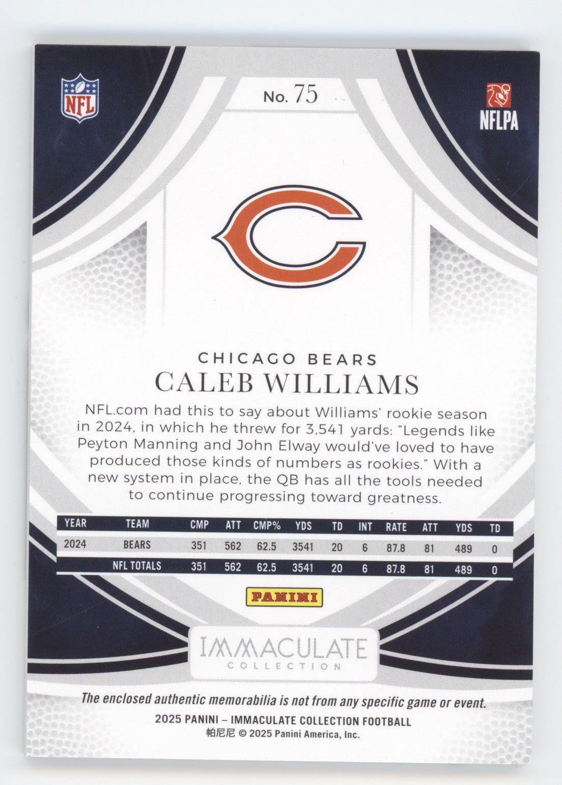 2025 Panini Immaculate Collection Caleb Williams #75 Blue 24/50 Patch