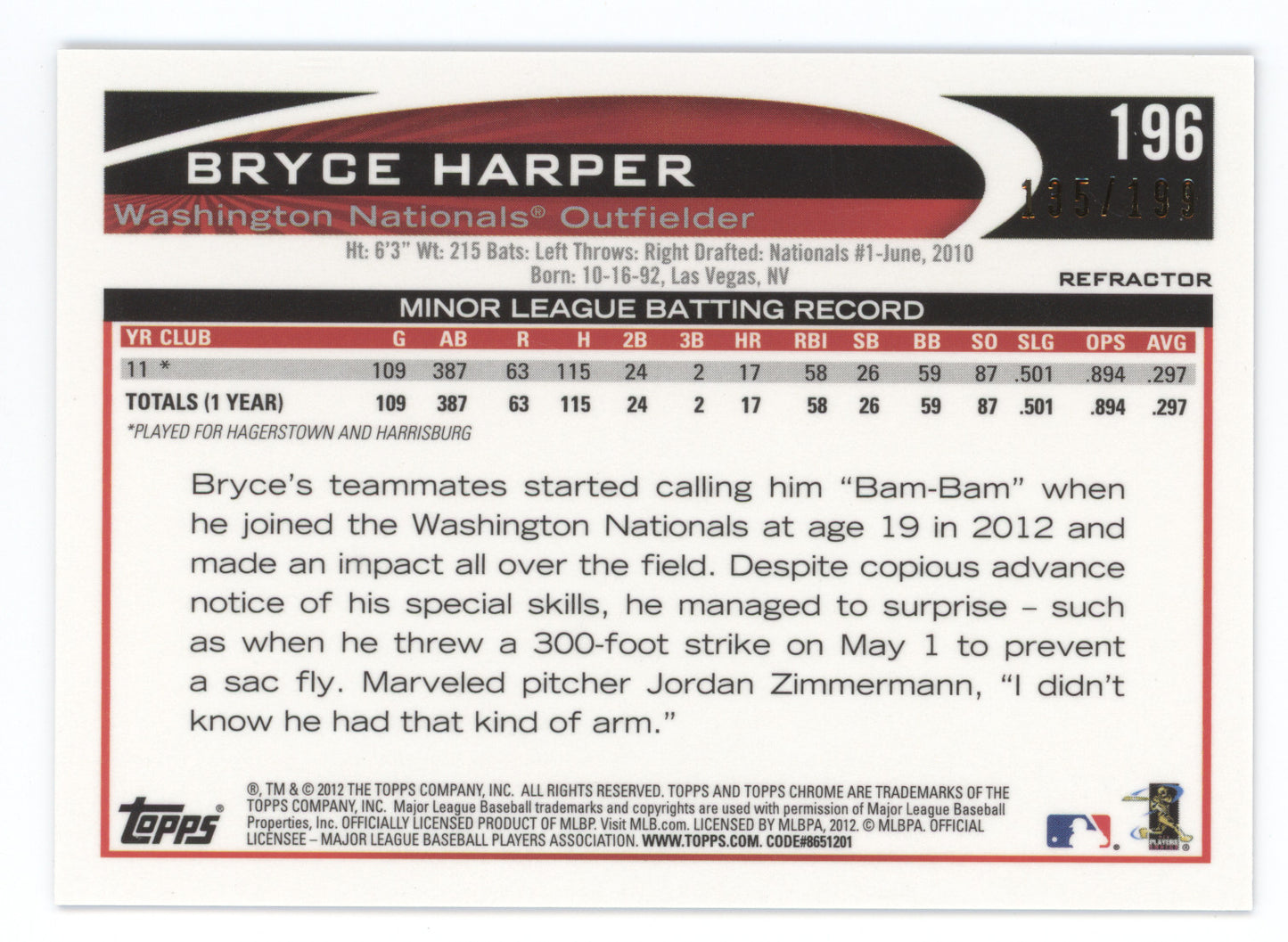2012 Topps Chrome Bryce Harper #196 Blue Refractor RC 135/199