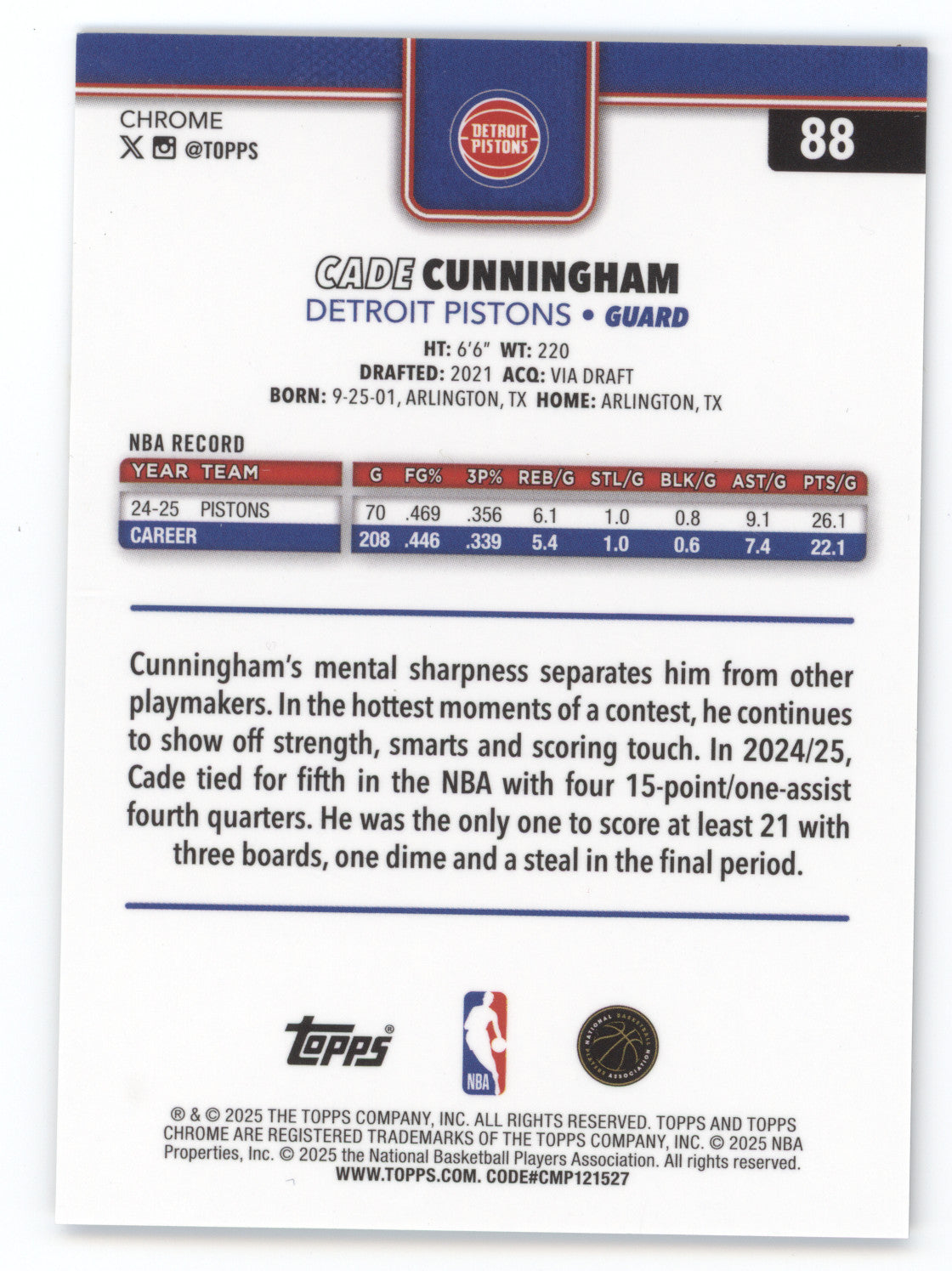 2025 Topps Chrome Sapphire Cade Cunningham #88 Black 05/10