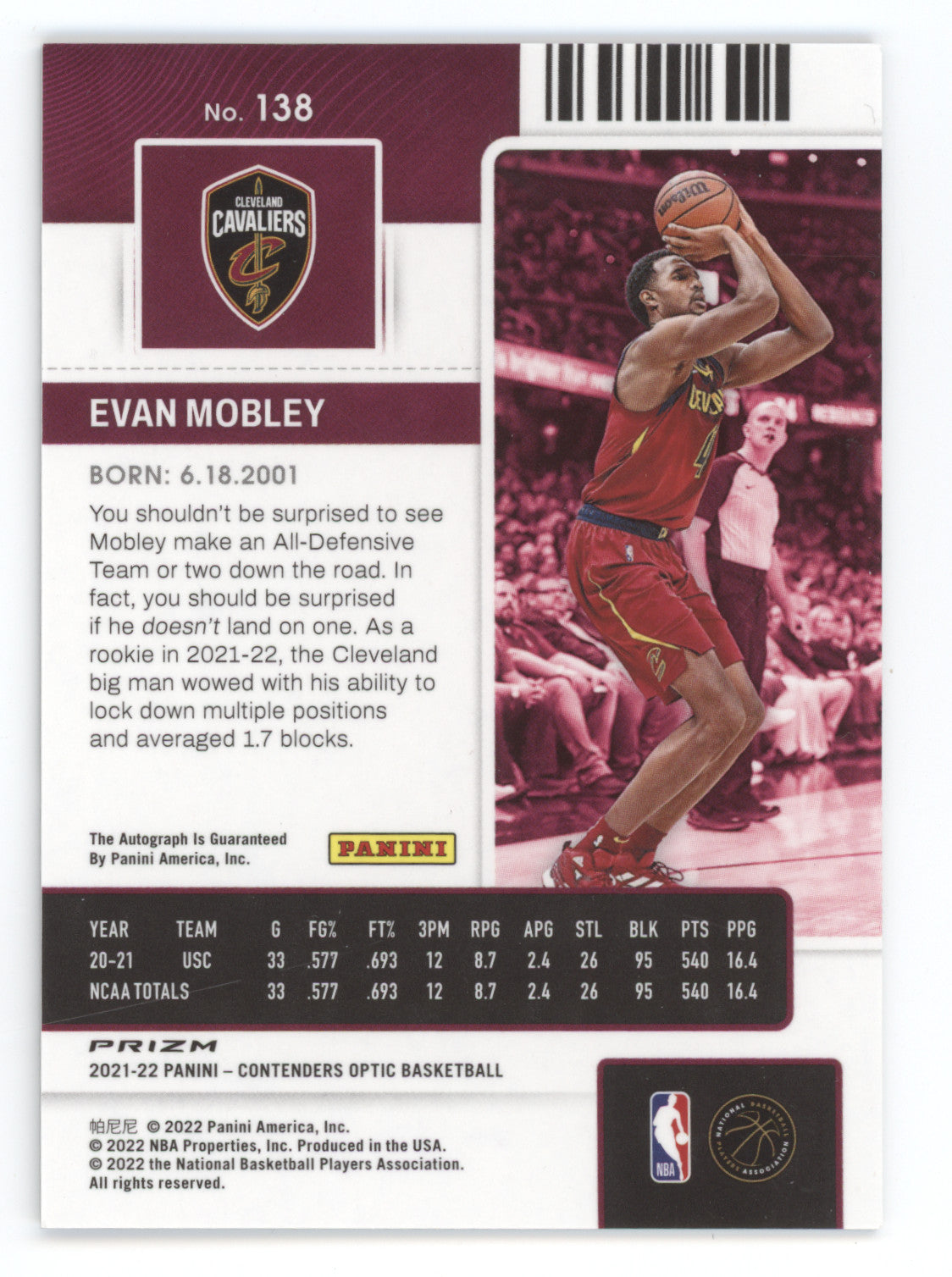 2022 Panini Contenders Optic Evan Mobley #138 Rookie Ticket Auto