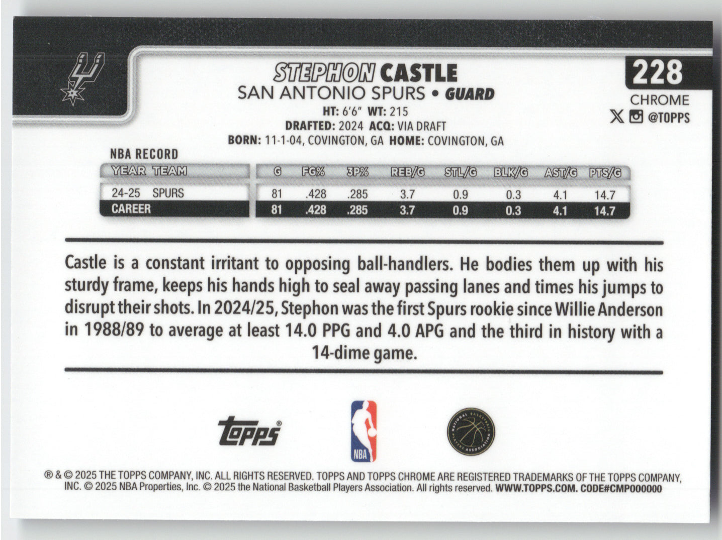2025 Topps Chrome Sapphire Basketball Stephon Castle #228