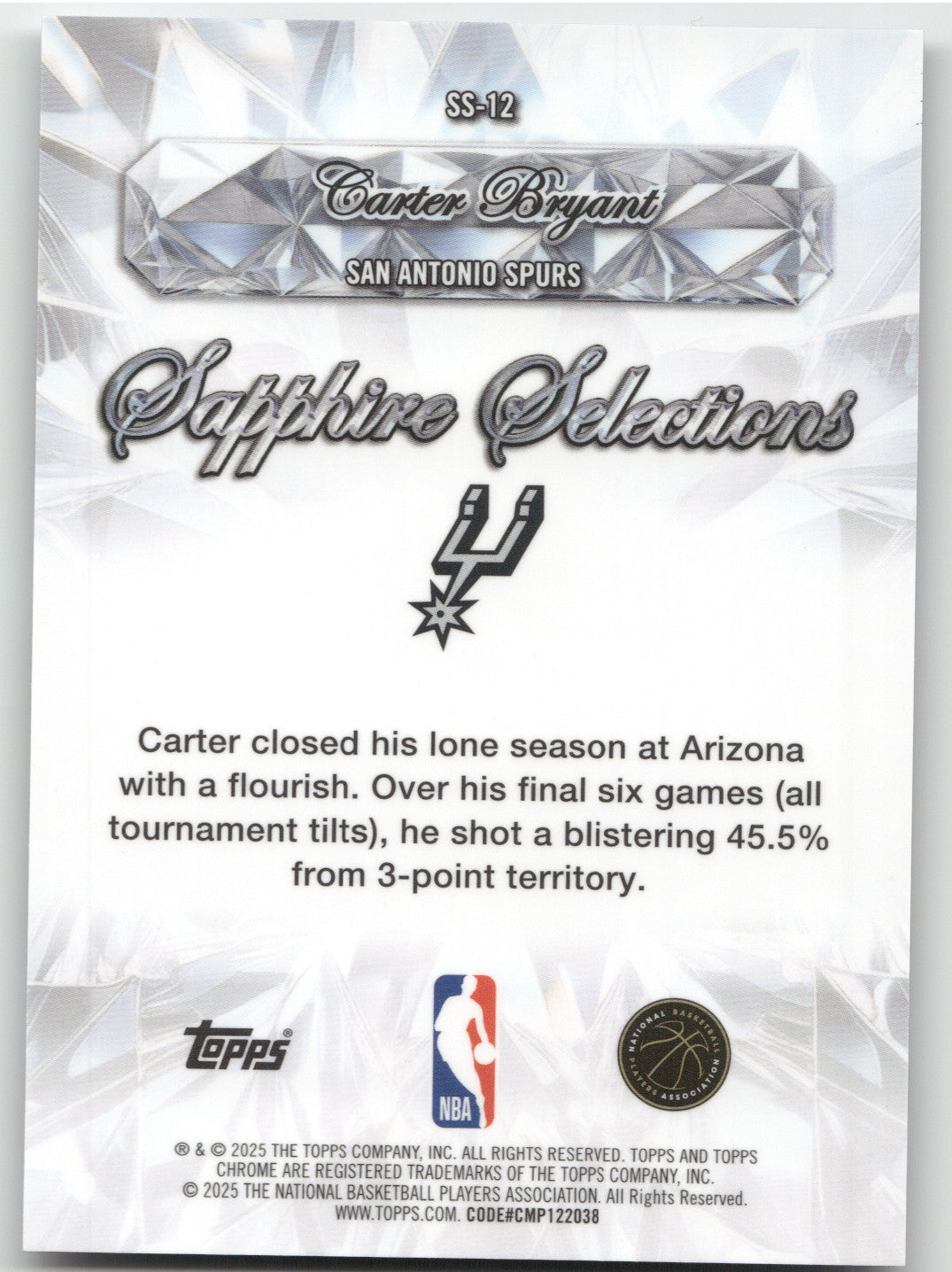 2025 Topps Chrome Sapphire Selections Carter Bryant #SS-12 RC