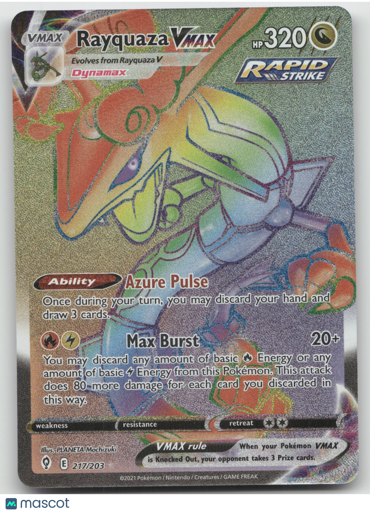 2021 SWSH Evolving Skies Rayquaza VMAX Rainbow Secret Rare #217/203