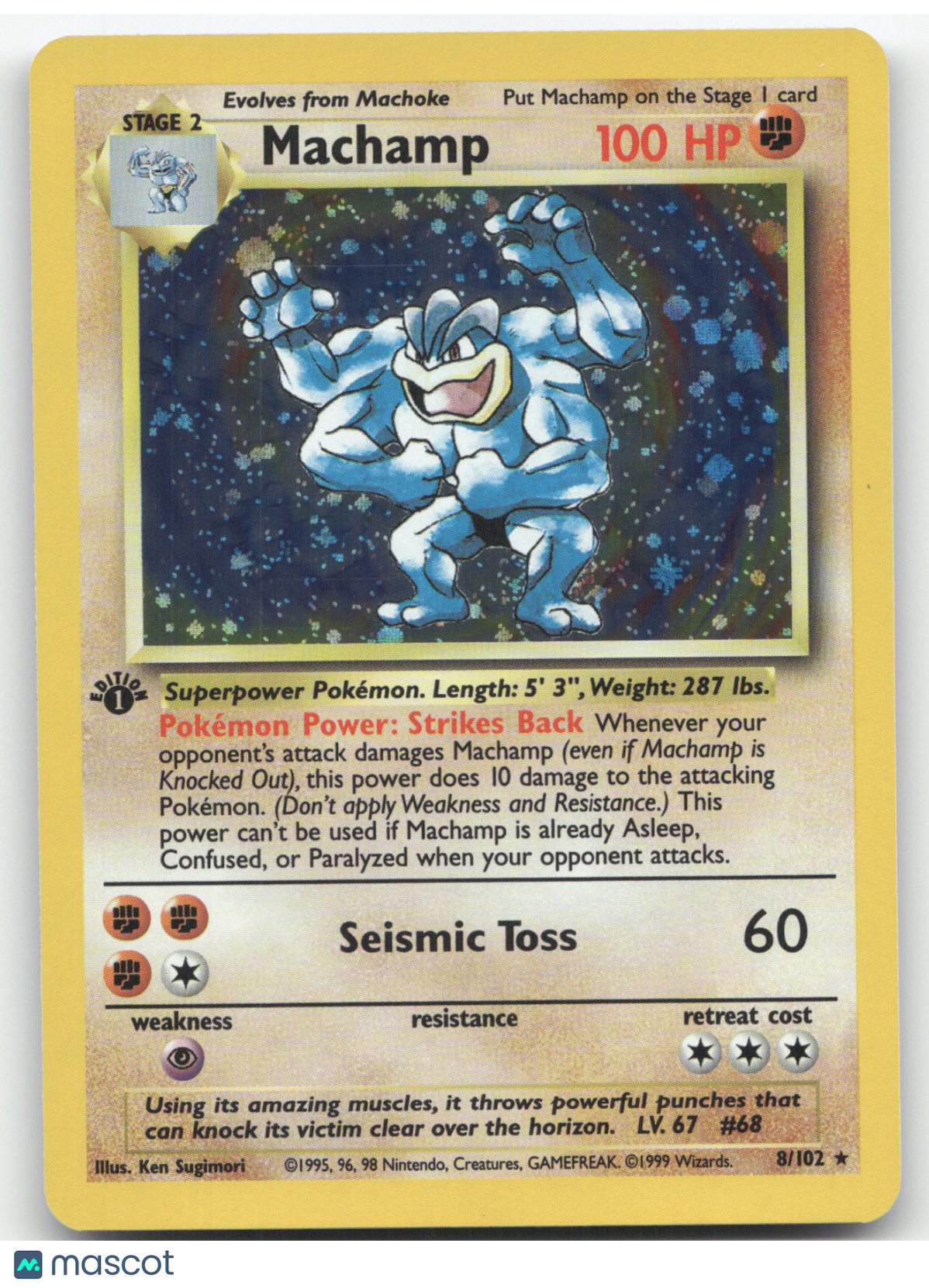 1999 Pokemon Base Set Machamp Holo Rare 1st Edition #8/102