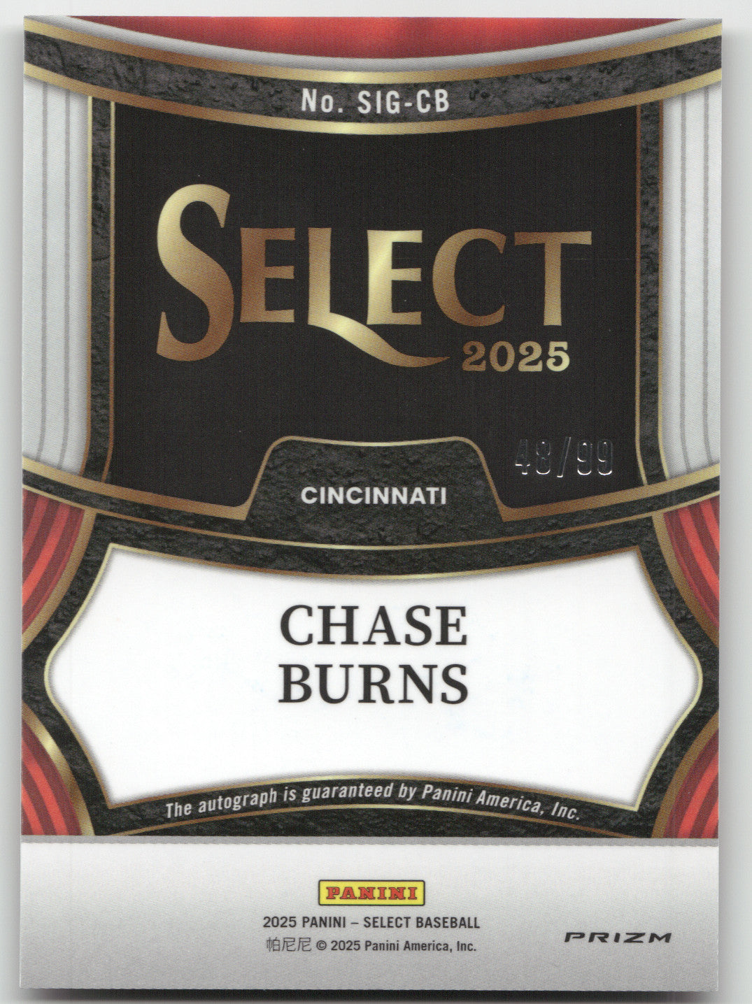 2025 Panini Select Chase Burns Red Auto 48/99