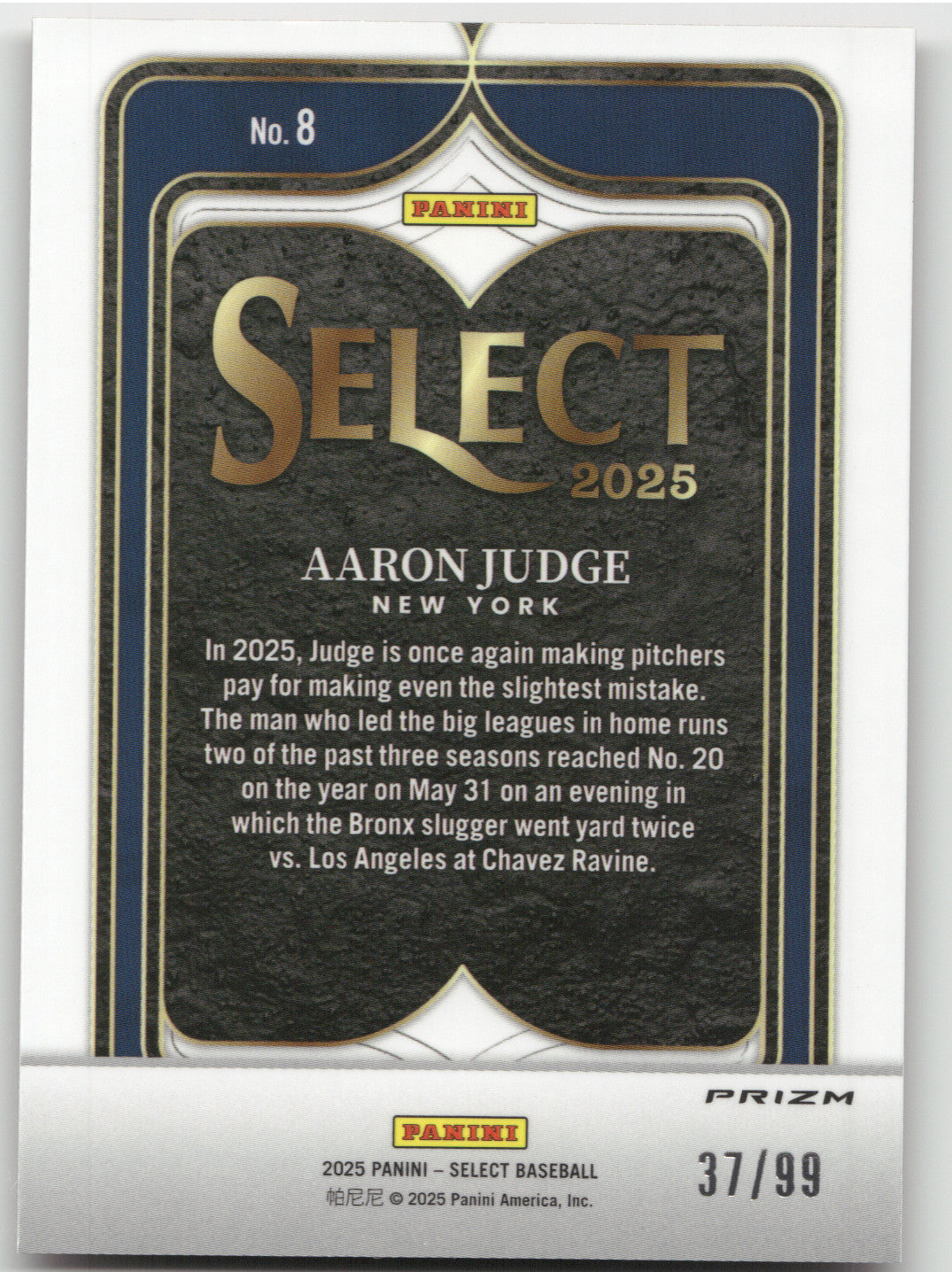 2025 Panini Select Numbers Prizm Aaron Judge #8 Red 37/99 Numbers