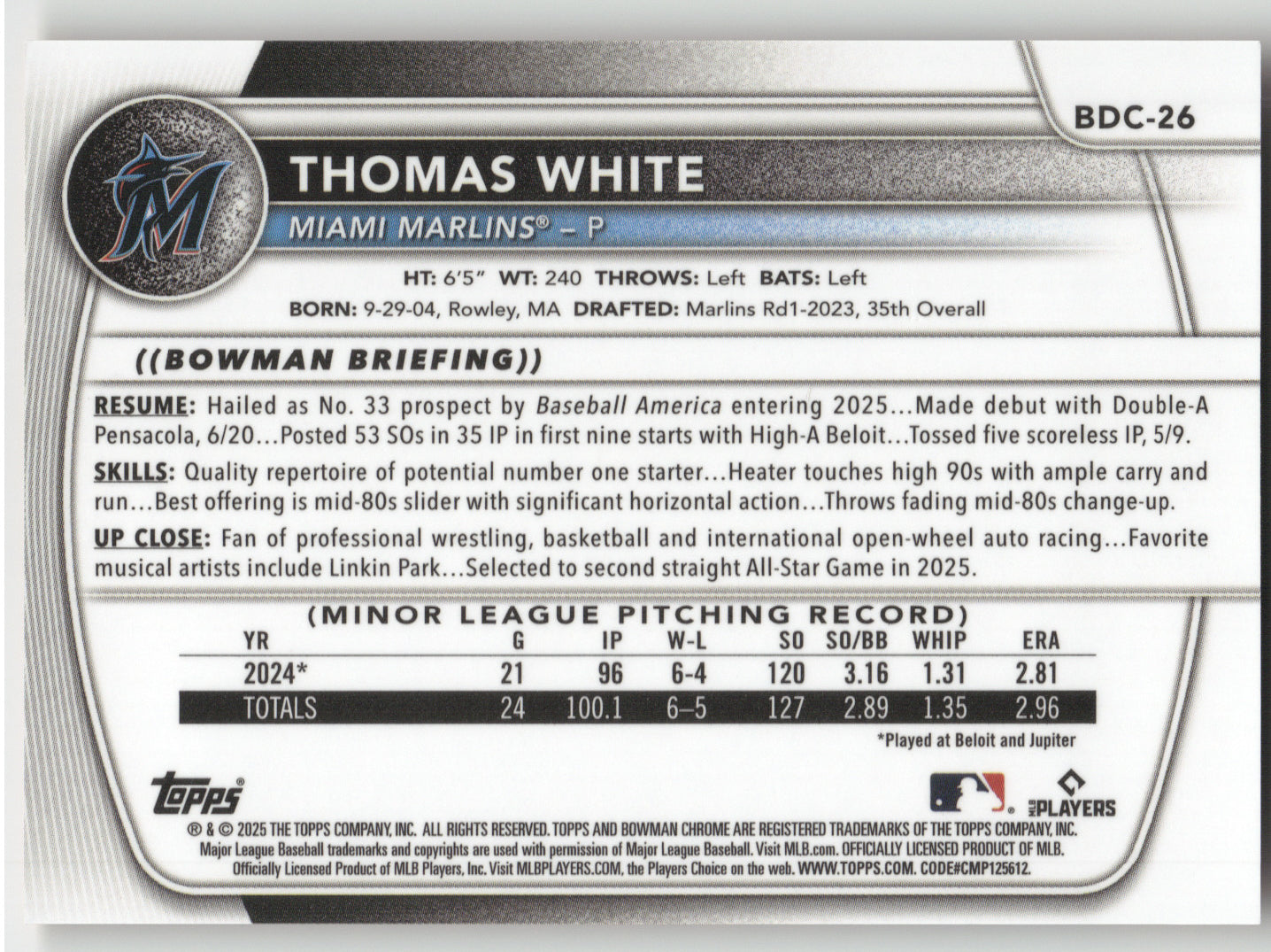 2025 Bowman Chrome Thomas White #BDC-26 Orange Geometric 5/25