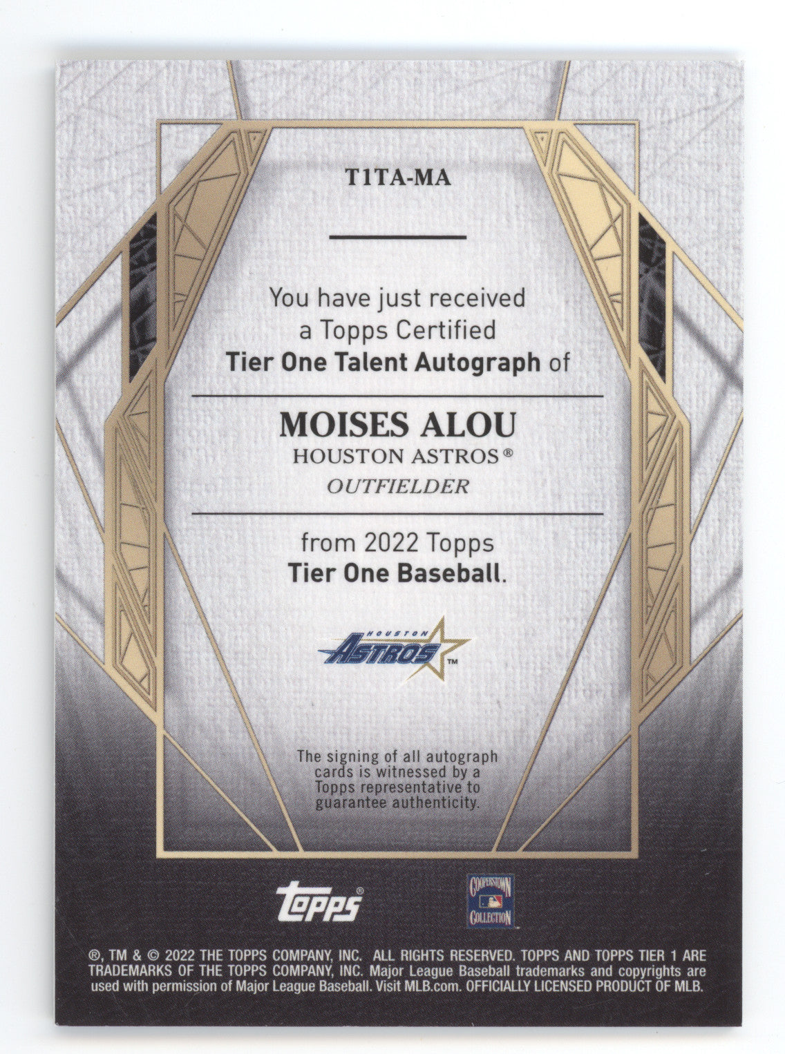 2022 Topps Tier One Tier One Talent Moises Alou #T1TA-MA 05/10