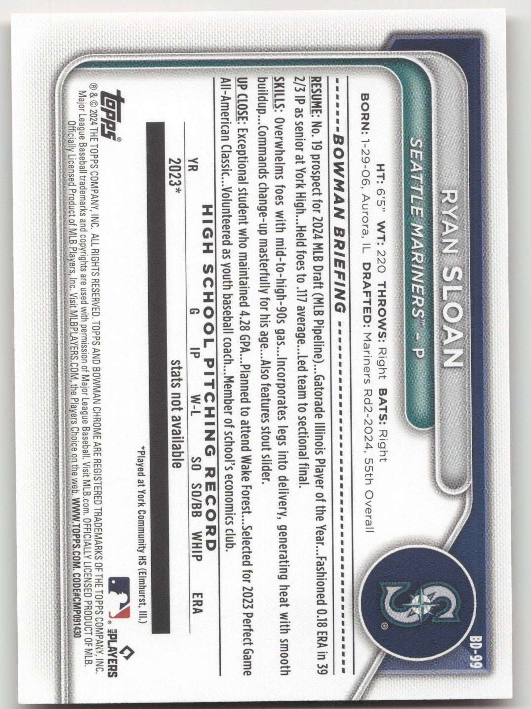 2024 Bowman Draft Ryan Sloan #BD-99 Orange 10/25