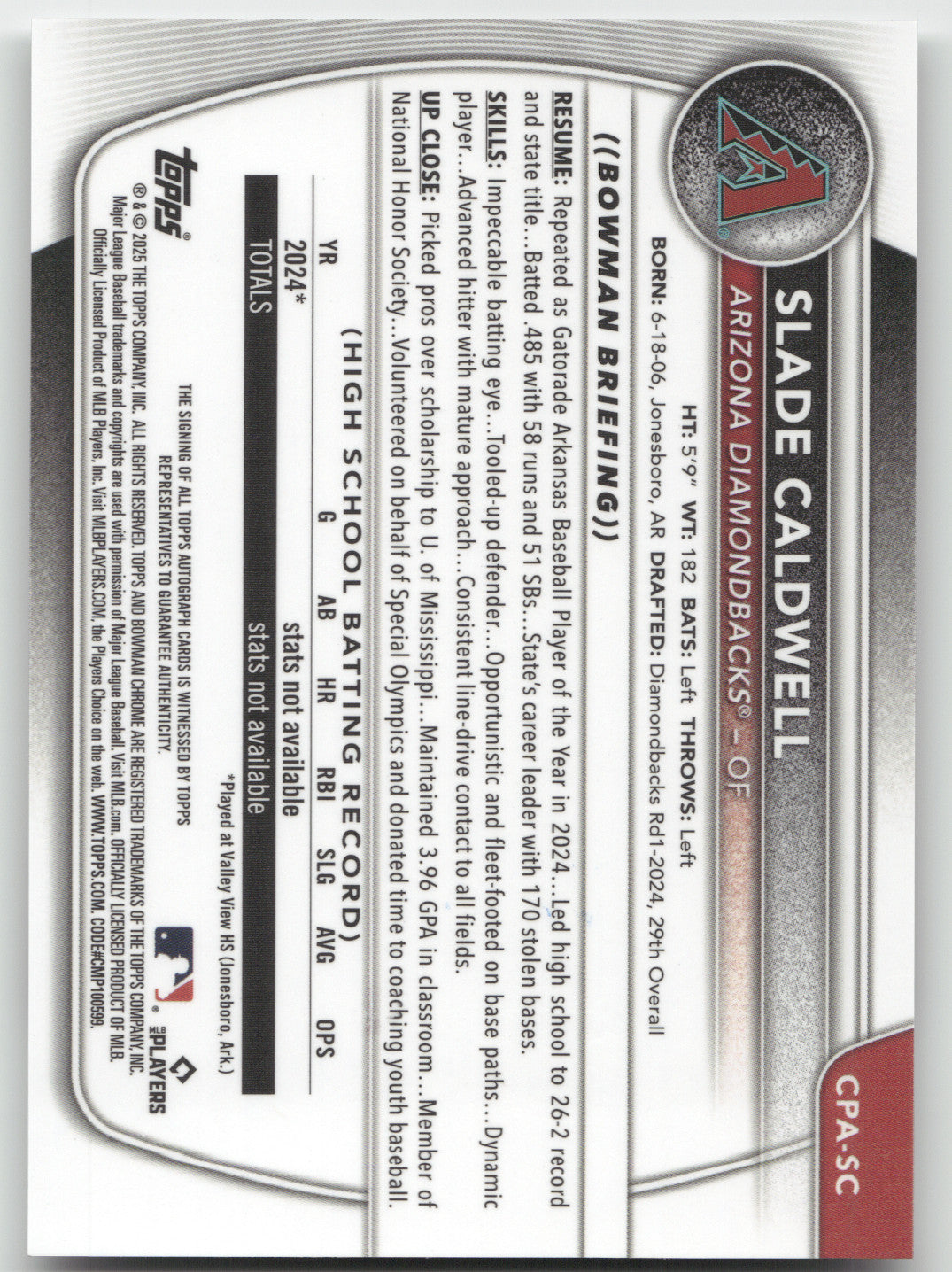 2024 Bowman Chrome Slade Caldwell #CPA-SC 1st Bowman