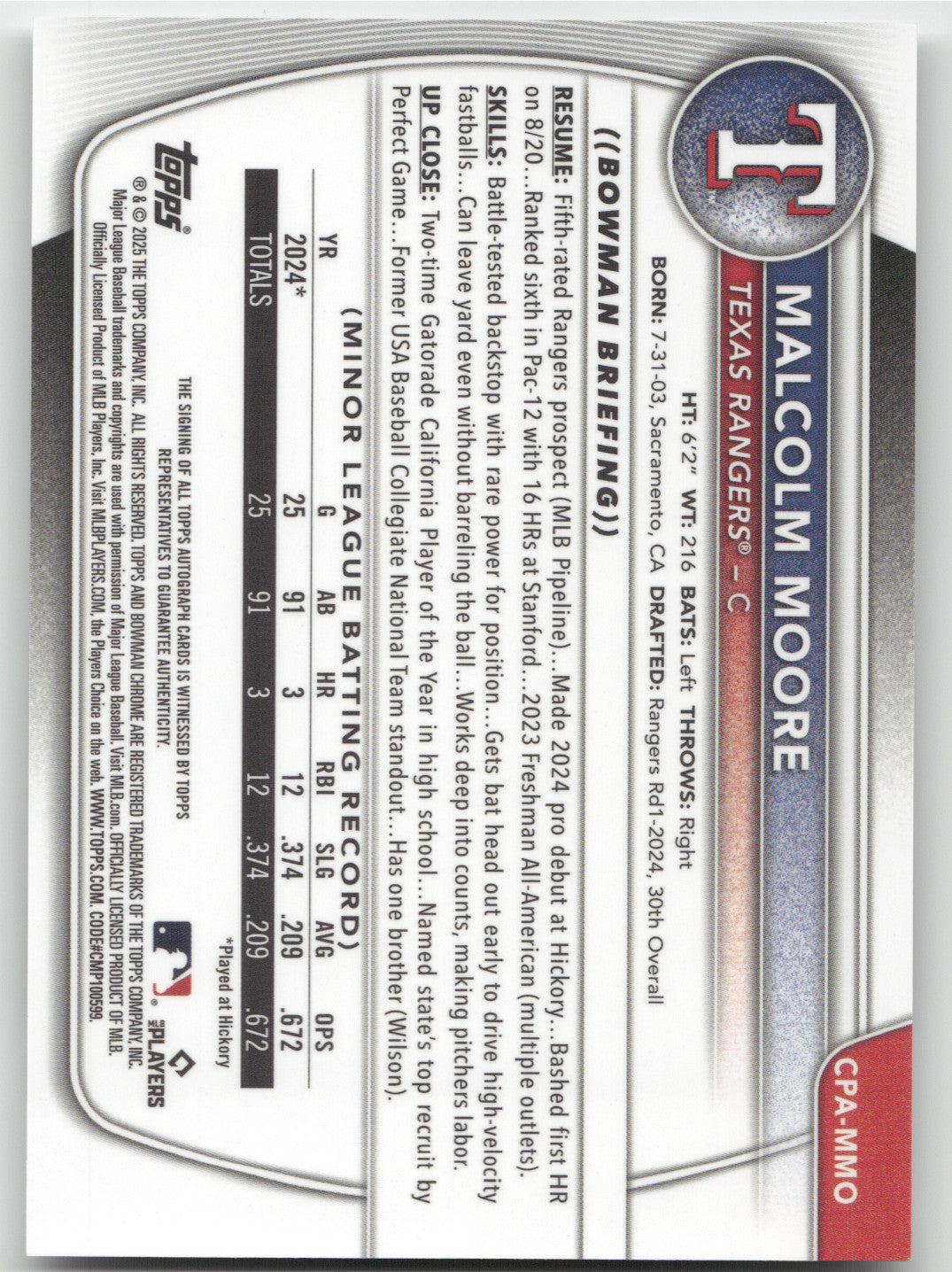 2025 Bowman Chrome Malcolm Moore Speckle Refractor Auto 276/299 1st Bowman