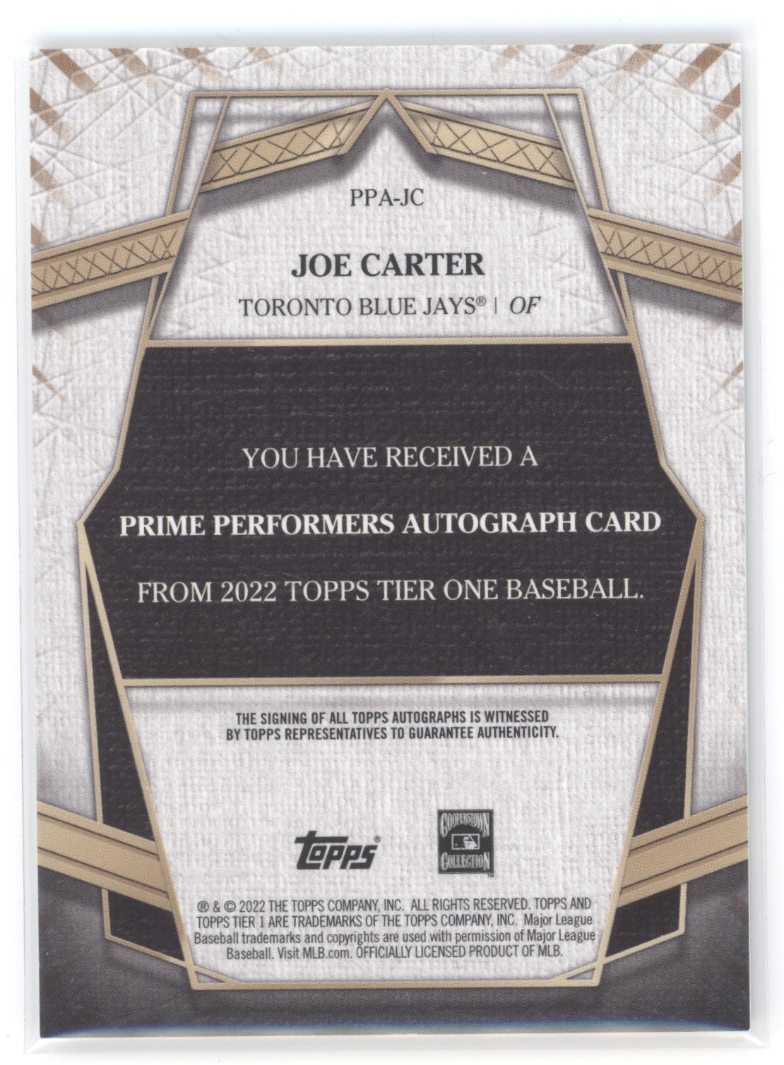 2022 Topps Tier One Joe Carter #PPA-JC Prime Performers Autograph Card 15/25