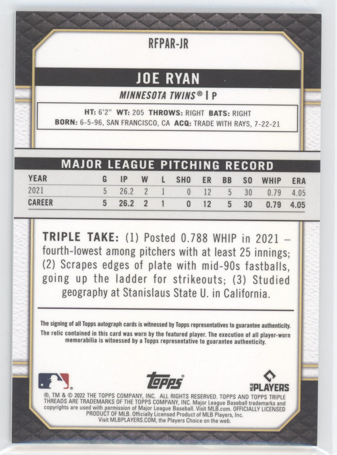 2022 Topps Triple Threads Joe Ryan #RFPAR-JR Green Autograph RC 33/50