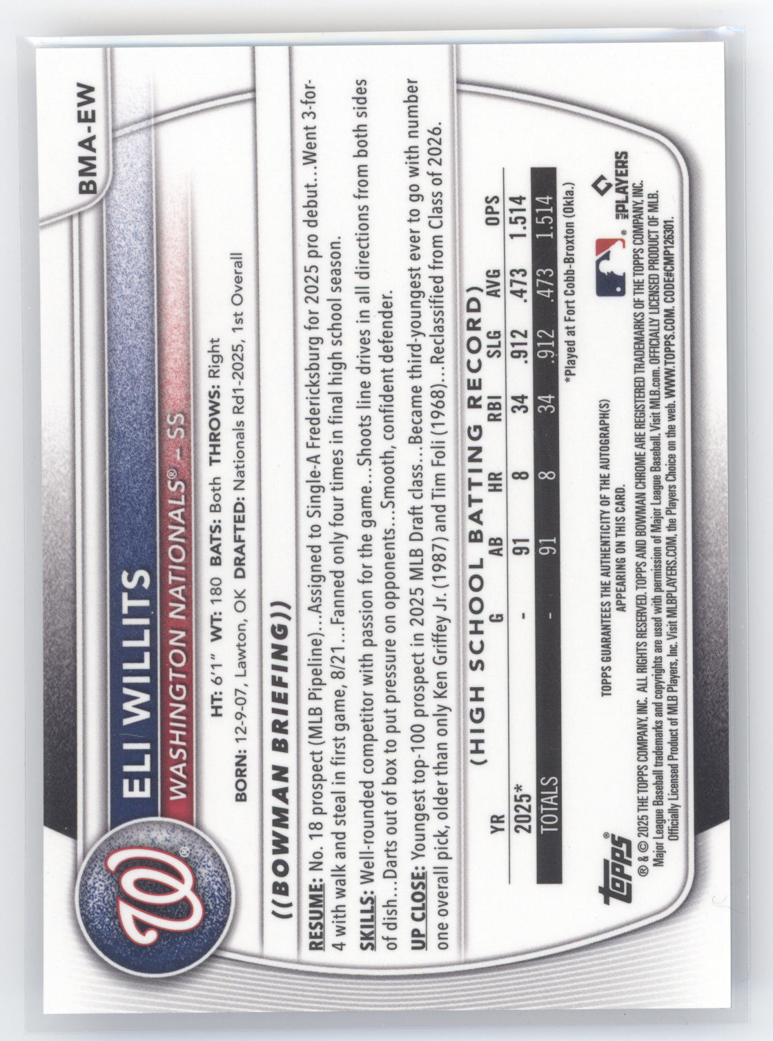 2025 Bowman Chrome Eli Willits #BMA-EW Purple Mojo Refractor Auto