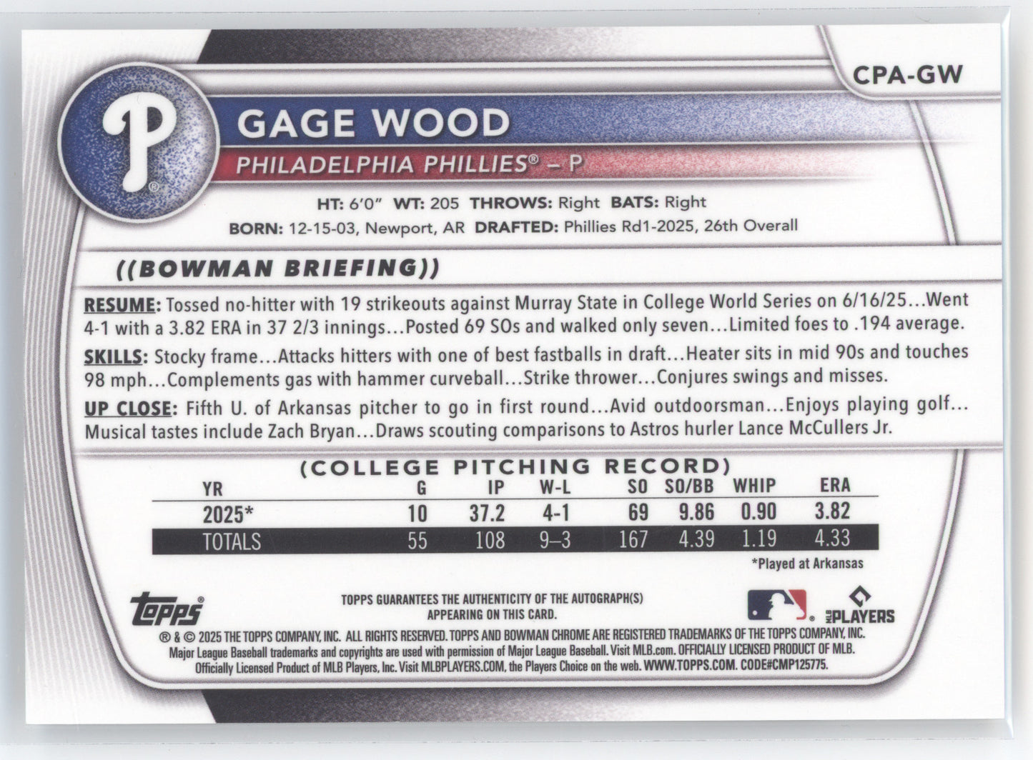 2025 Topps Bowman Chrome Gage Wood #CPA-GW HTA Refractor 122/150