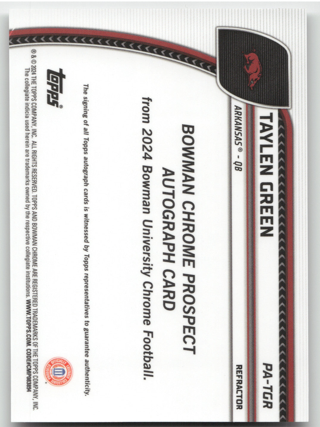 2024 Bowman University Chrome Football Taylen Green Refractor 201/299 Auto