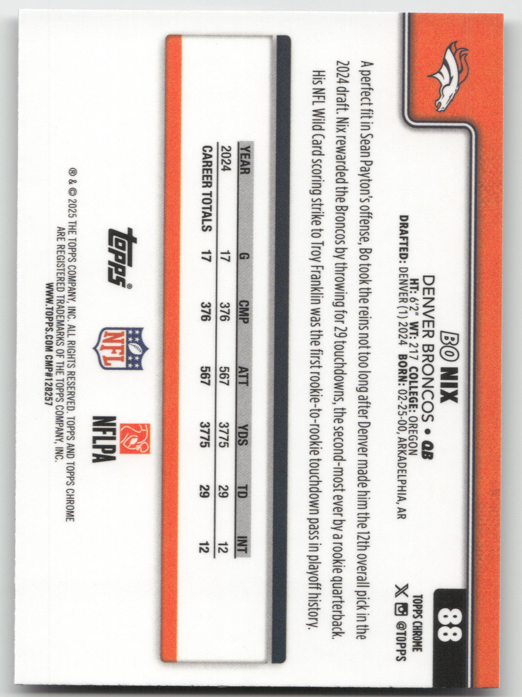 2025 Topps Chrome Bo Nix #88 Purple Football Leather 45/75
