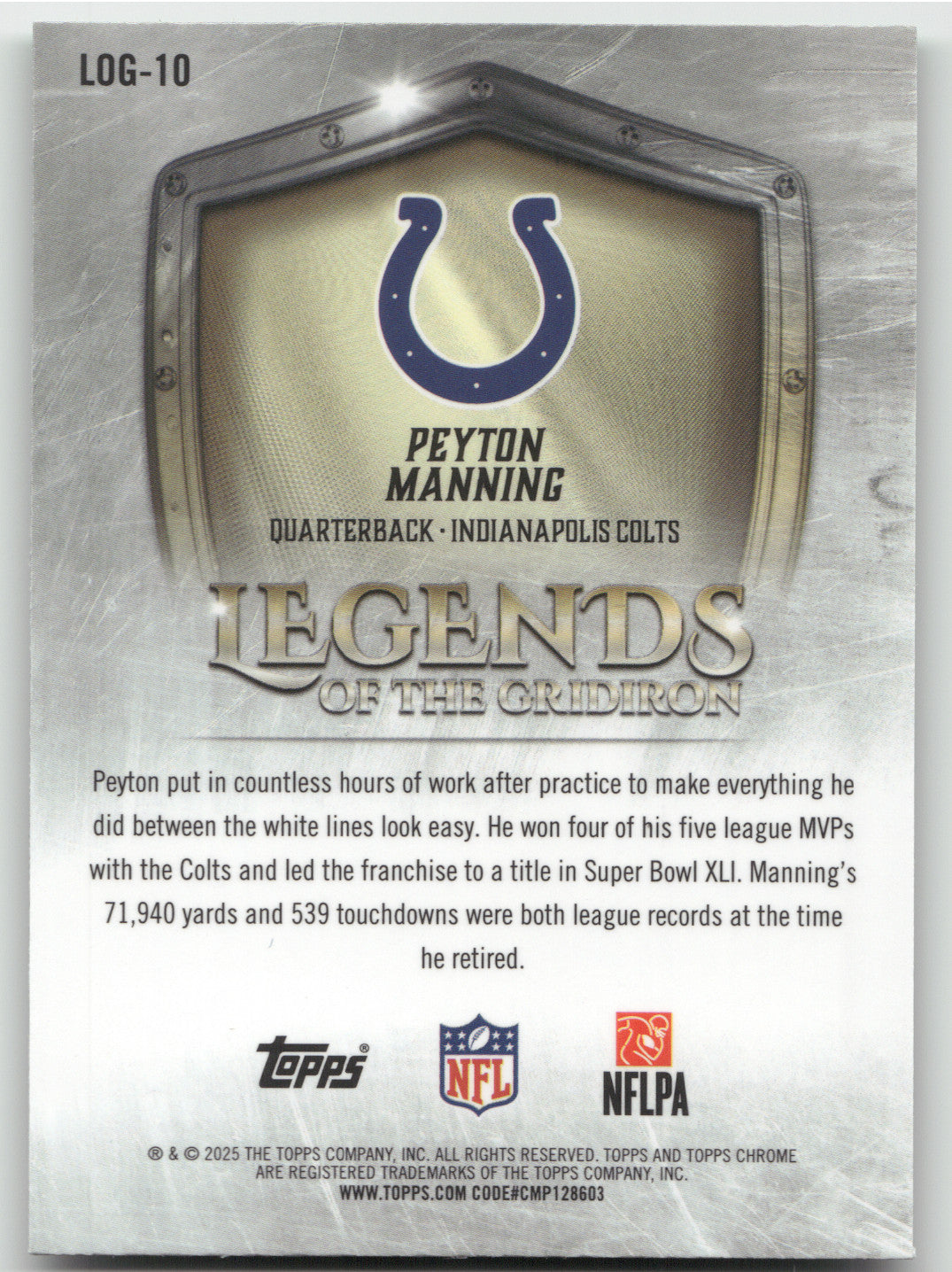 2025 Topps Chrome Legends of the Gridiron Peyton Manning #LOG-10 Green 99/99