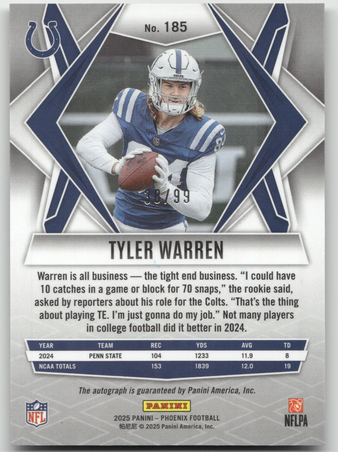 2025 Panini Phoenix Tyler Warren #185 Seismic 38/99 RC Auto