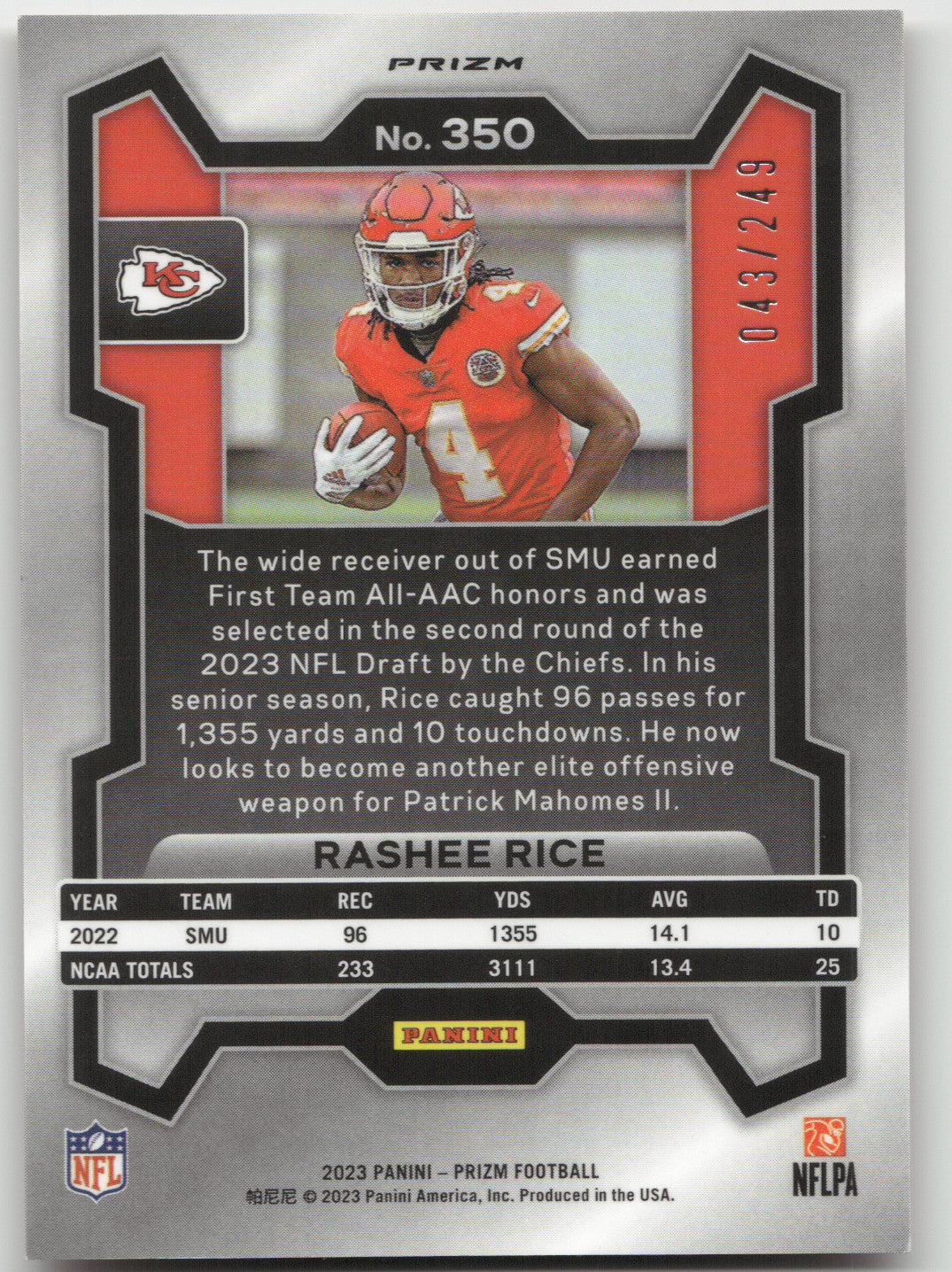2023 Panini Prizm Rashee Rice #350 Orange 043/249 RC