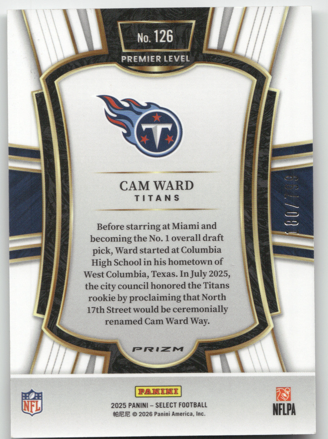 2025 Panini Select Football Premier Level Cam Ward #126 White Shock 180/799 RC