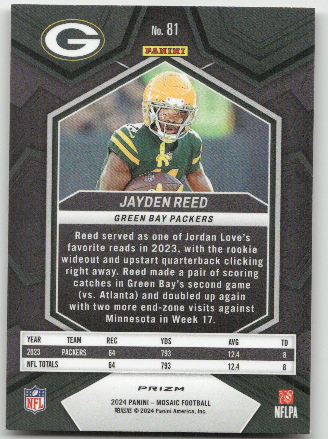 2024 Panini Mosaic Prizm Jayden Reed #81 Honey Comb
