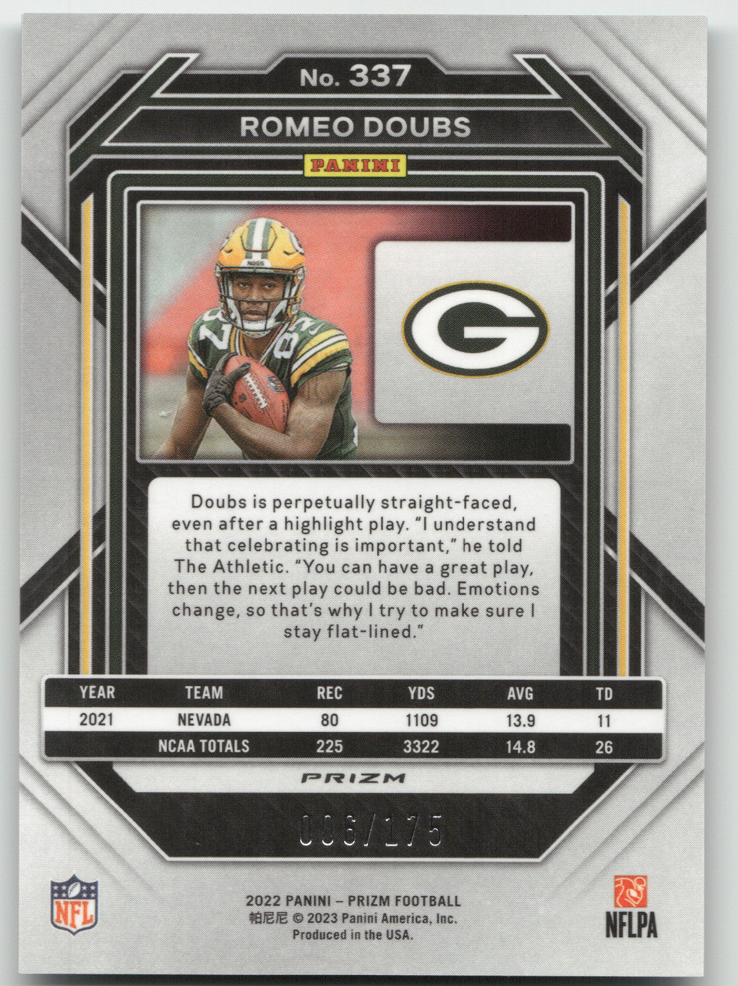 2023 Panini Prizm Romeo Doubs #337 Green Wave RC 006/175