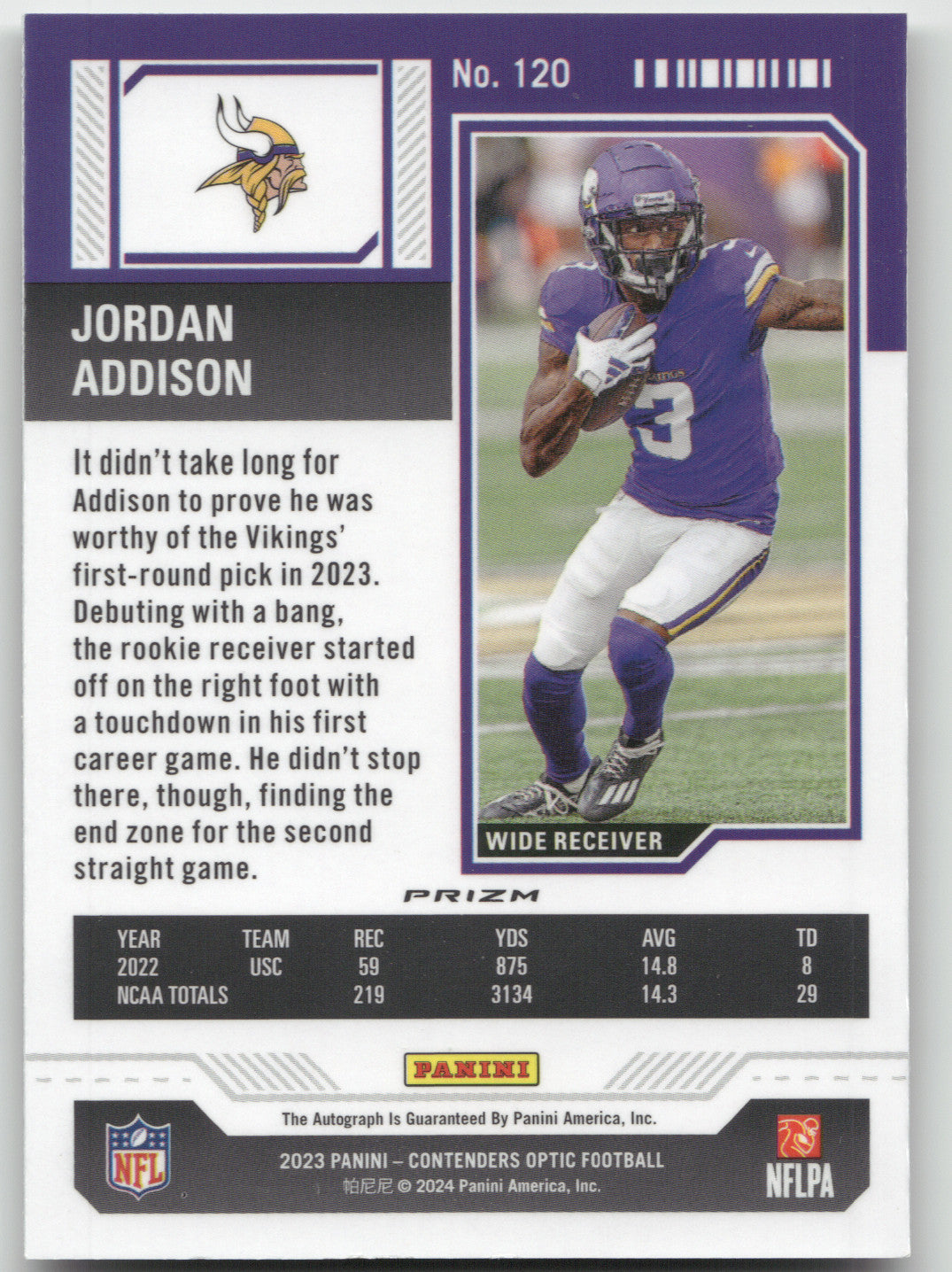 2024 Panini Contenders Optic Jordan Addison #120 Silver RC