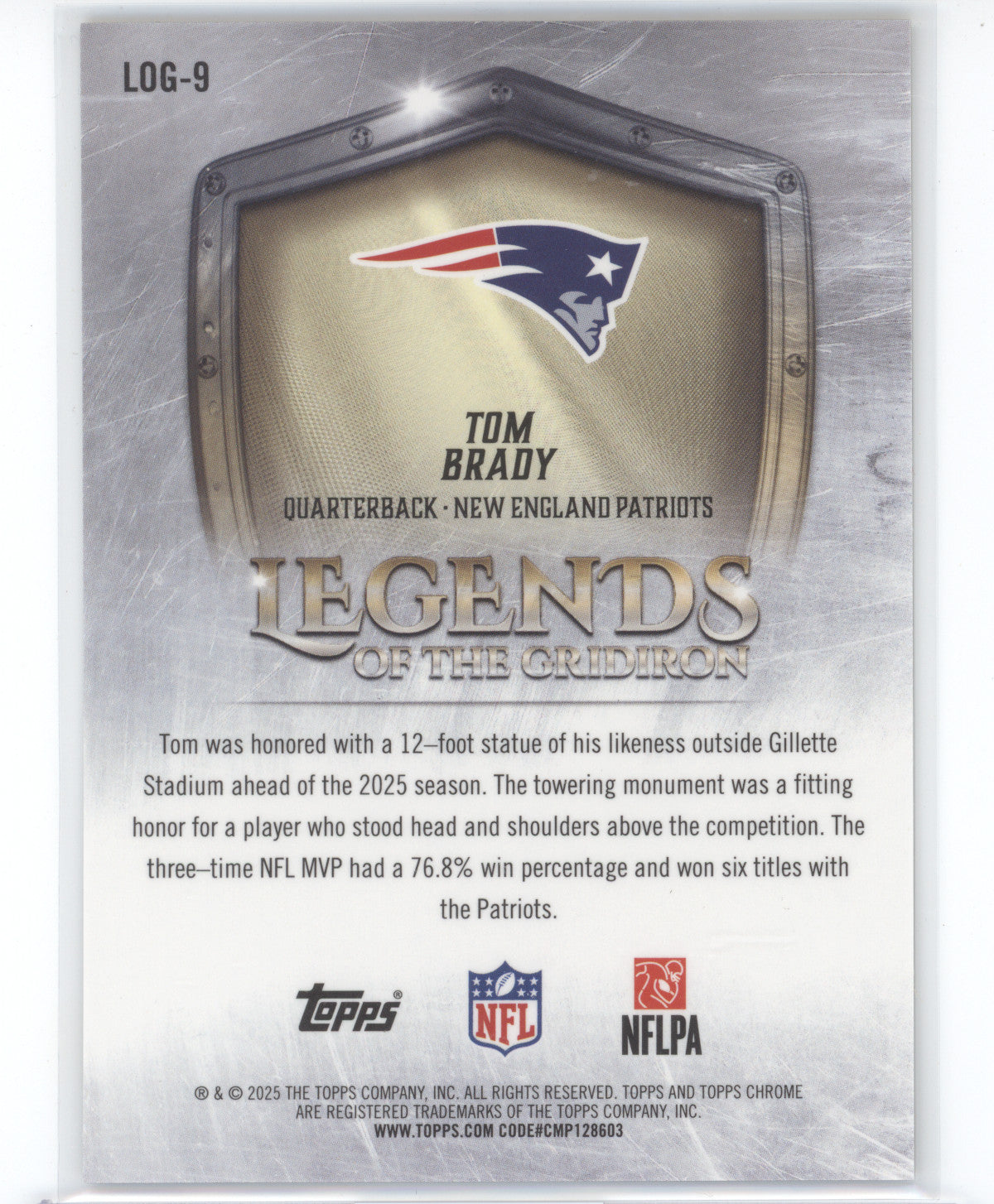 2025 Topps Chrome Legends of the Gridiron Tom Brady #LOG-9 Gold 23/50