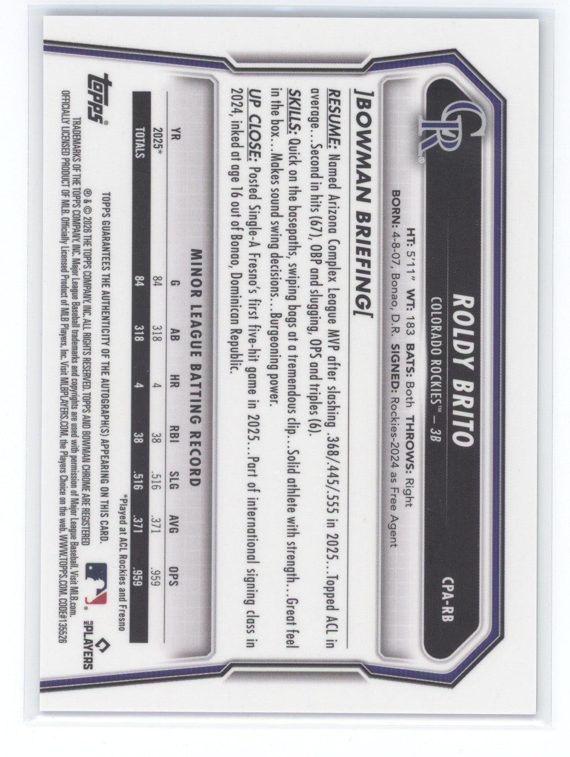 2026 Bowman Chrome Roldy Brito #CPA-RB Blue Refractor Auto 028/150