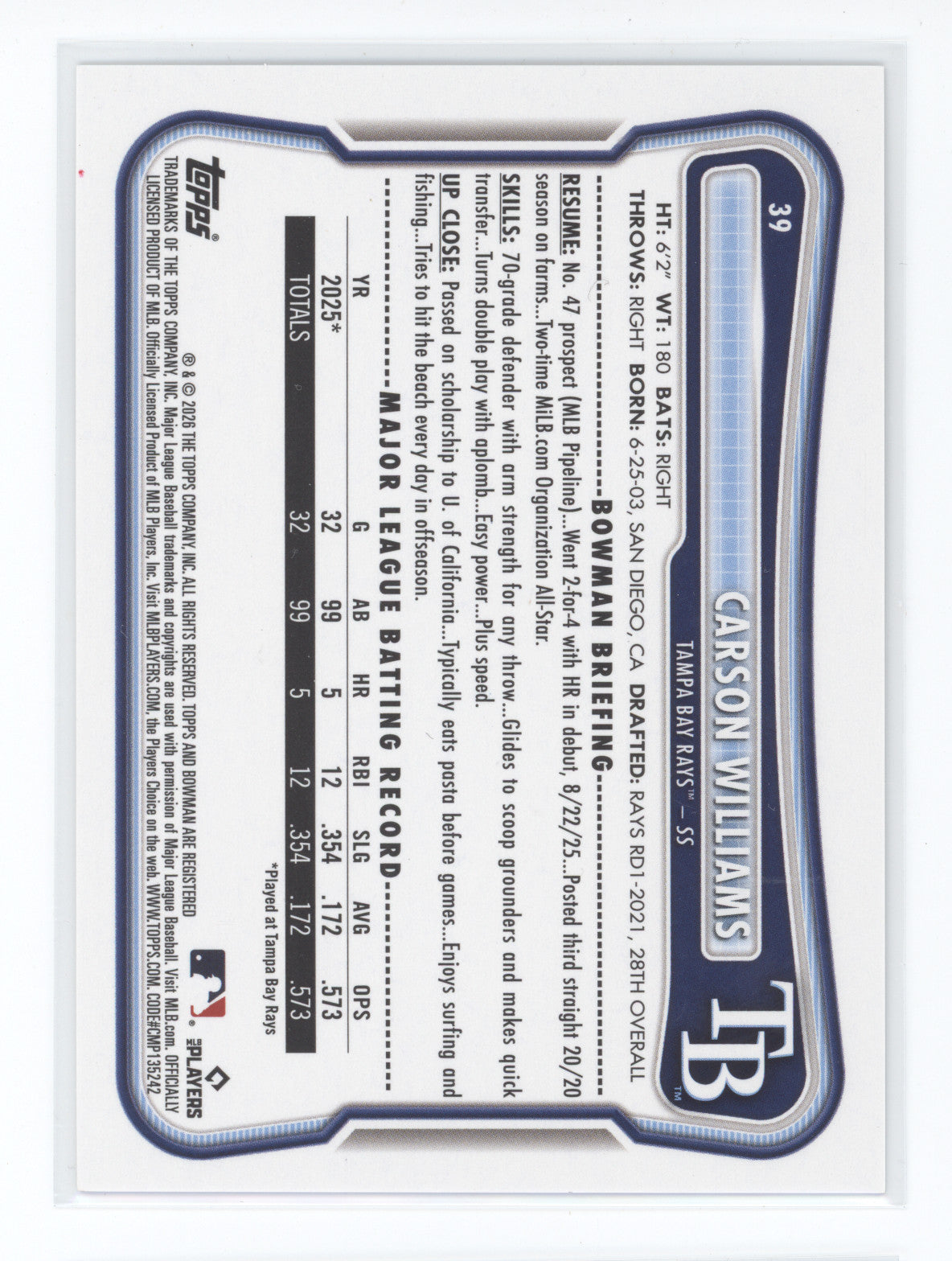 2026 Bowman Carson Williams #39 Platinum Border 1/1 RC