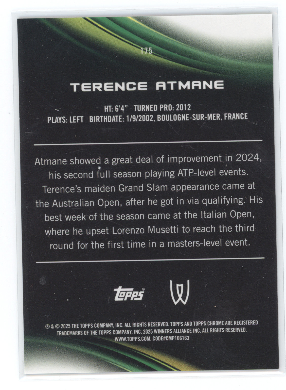 2025 Topps Chrome Tennis Terence Atmane #175 Red Geometric 2/5 RC
