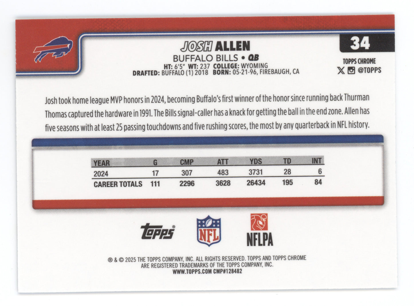 2025 Topps Chrome Josh Allen #34 Lightboard Logo Variation
