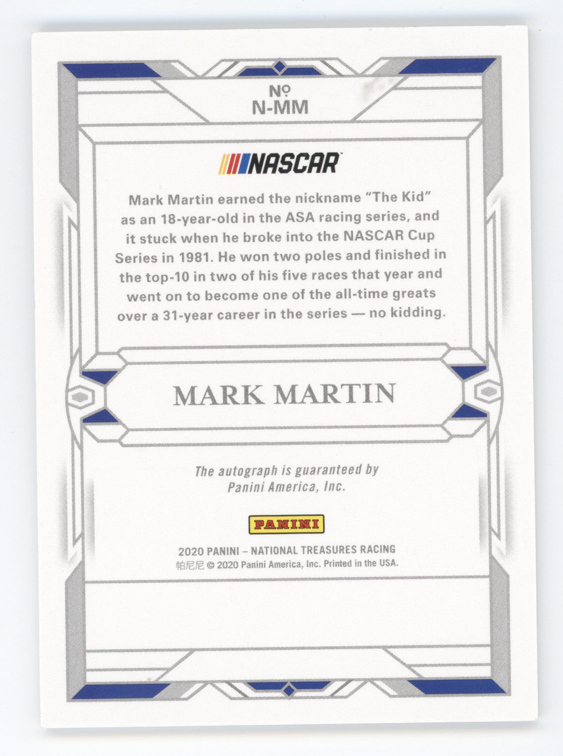2020 Panini National Treasures Racing Nicknames Mark Martin #N-MM 03/10